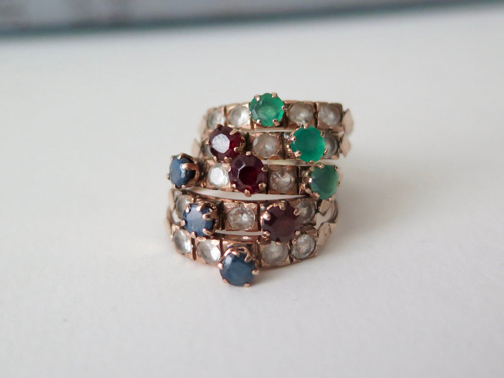 Antique 14k Gold Harem Ring: Sapphire, Garnet, Chrysoprase, Rock Crystal
