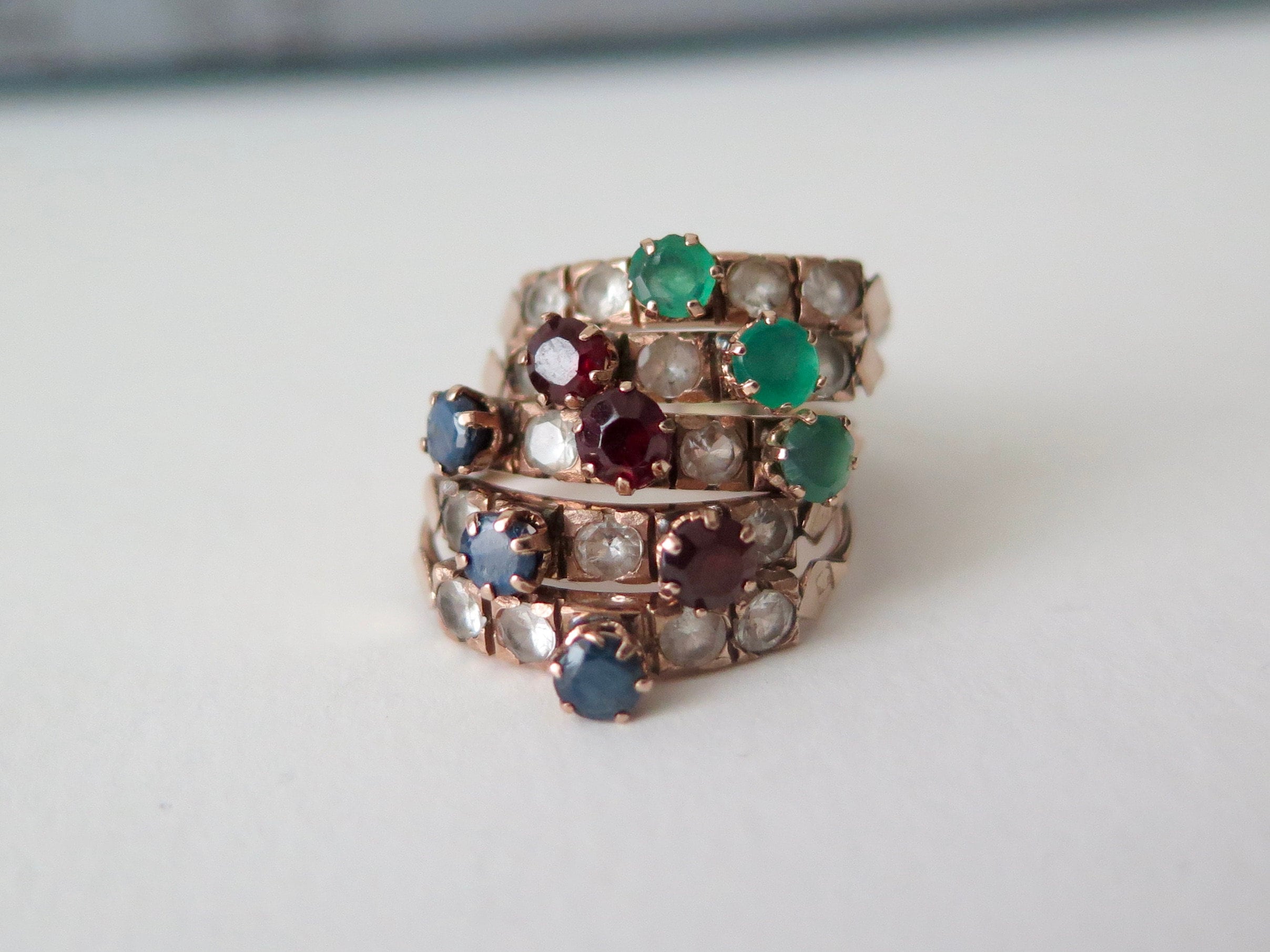 Antique 14k Gold Harem Ring: Sapphire, Garnet, Chrysoprase, Rock Crystal
