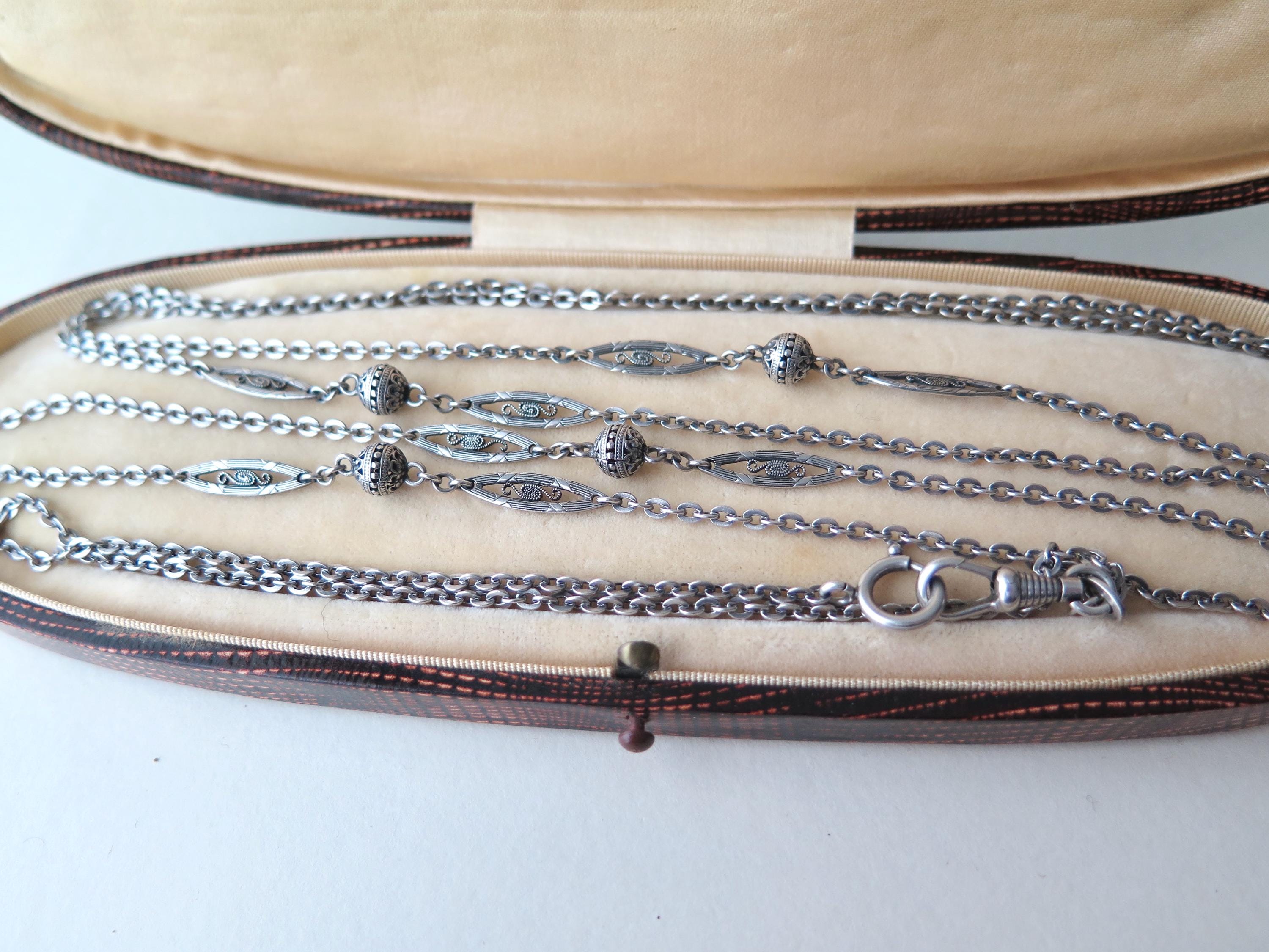Antique Edwardian 800 Silver Sautoir Necklace: 61" Long Guard Chain