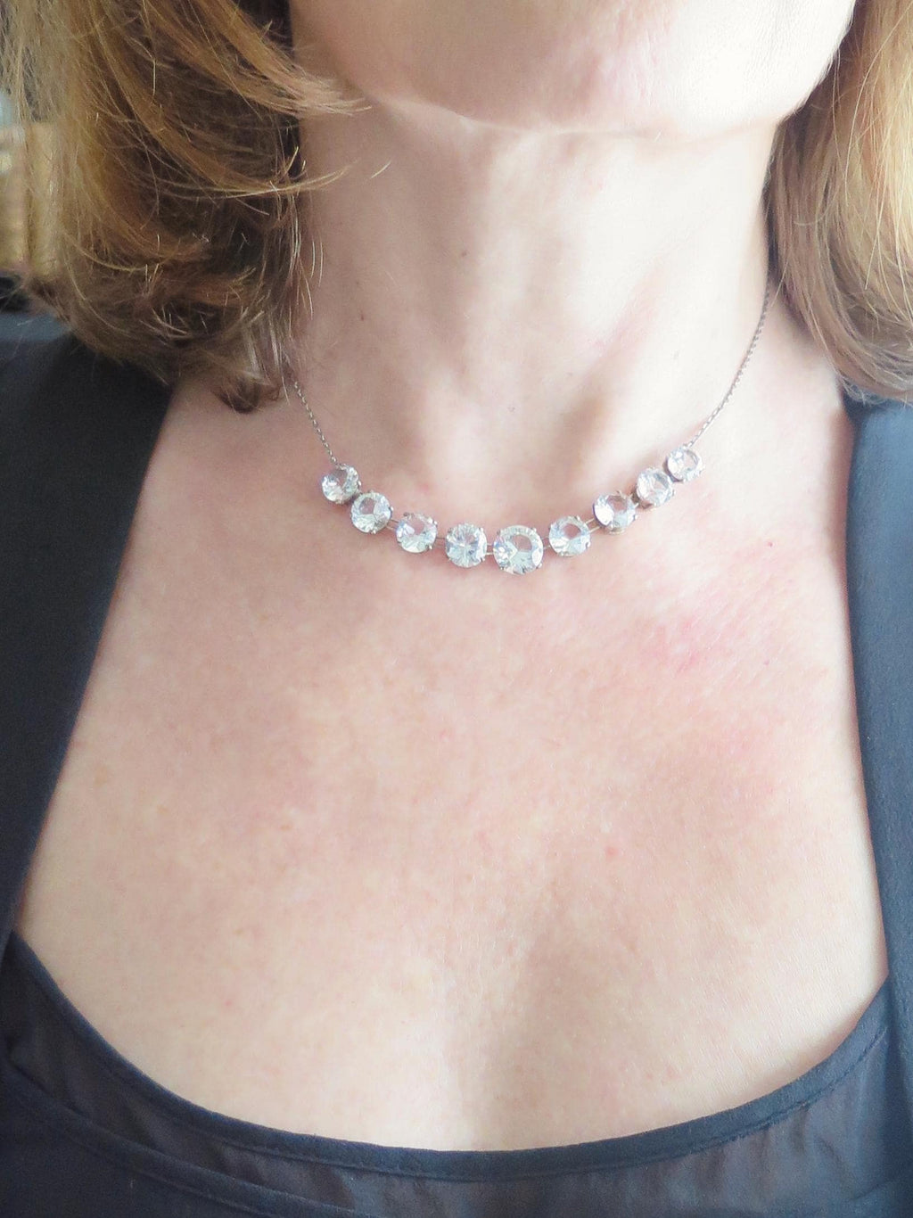 Antique Art Deco Silver Riviere Choker Necklace with Clear White Stones