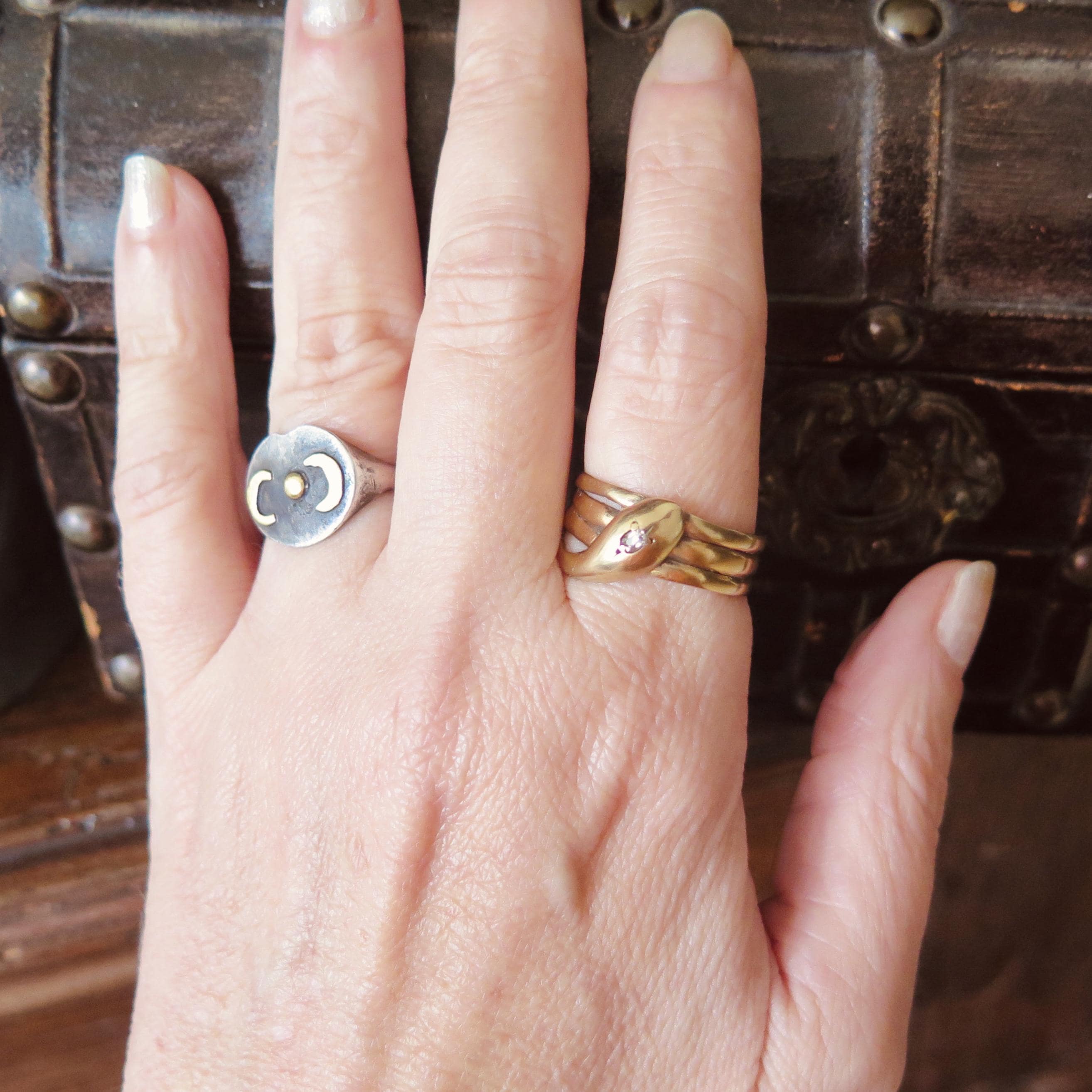 Antique 9k Gold Snake Ring: Victorian Peruzzi Diamond Serpent, Size 10.5