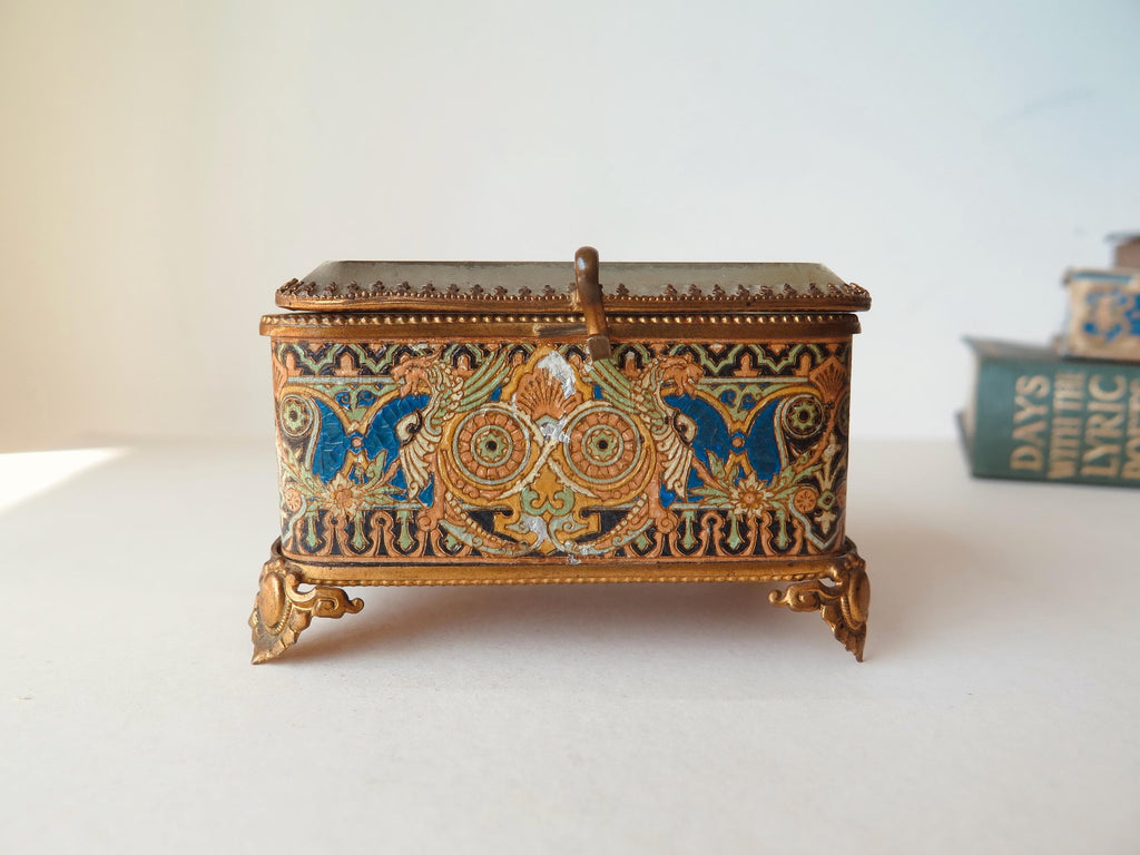 Antique Victorian Jewelry Box, Tufted Silk Lining, Beveled Glass Lid, Brass Jewelry Casket