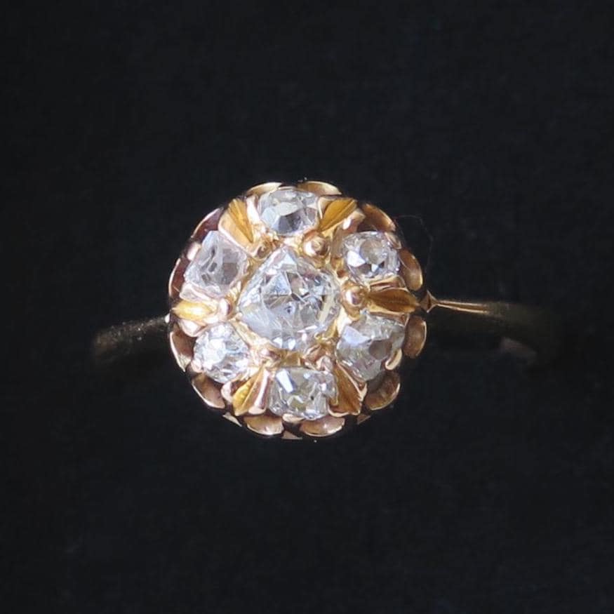 Belle Époque Diamond Cluster Ring: 18k Gold Peruzzi Cut, US Size 7.25