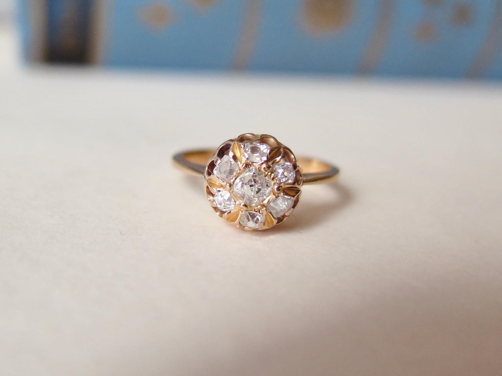 Belle Époque Diamond Cluster Ring: 18k Gold Peruzzi Cut, US Size 7.25