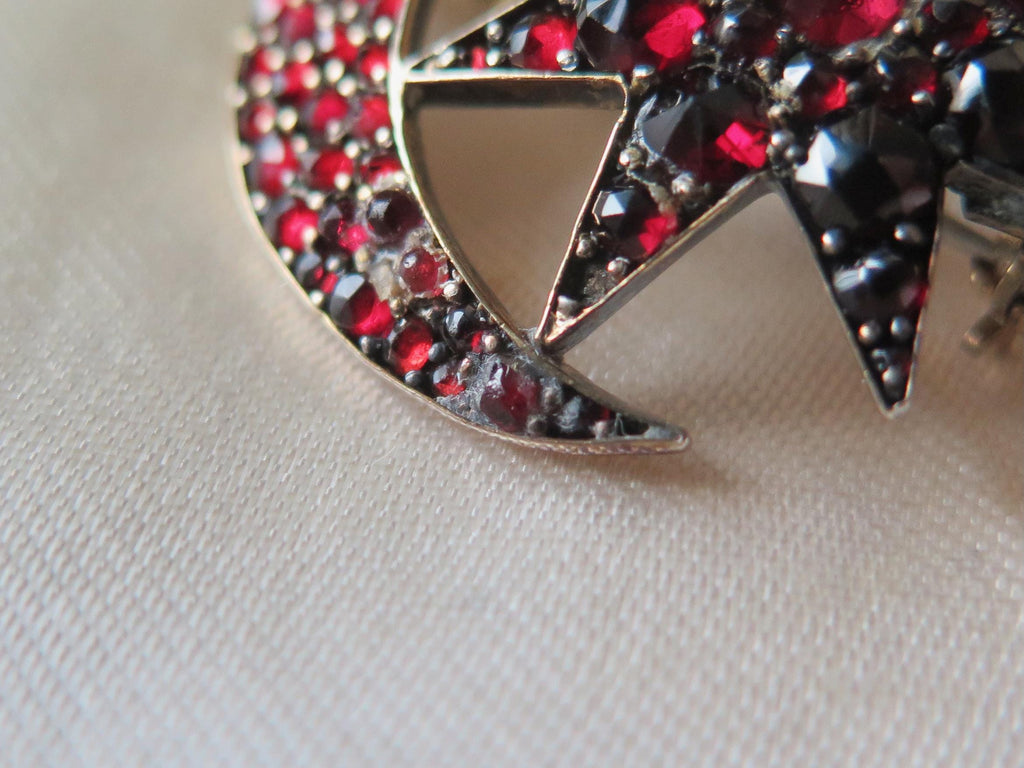 Victorian Garnet Brooch, Crescent Moon & Star, Antique Celestial Jewel, Bohemian Garnets