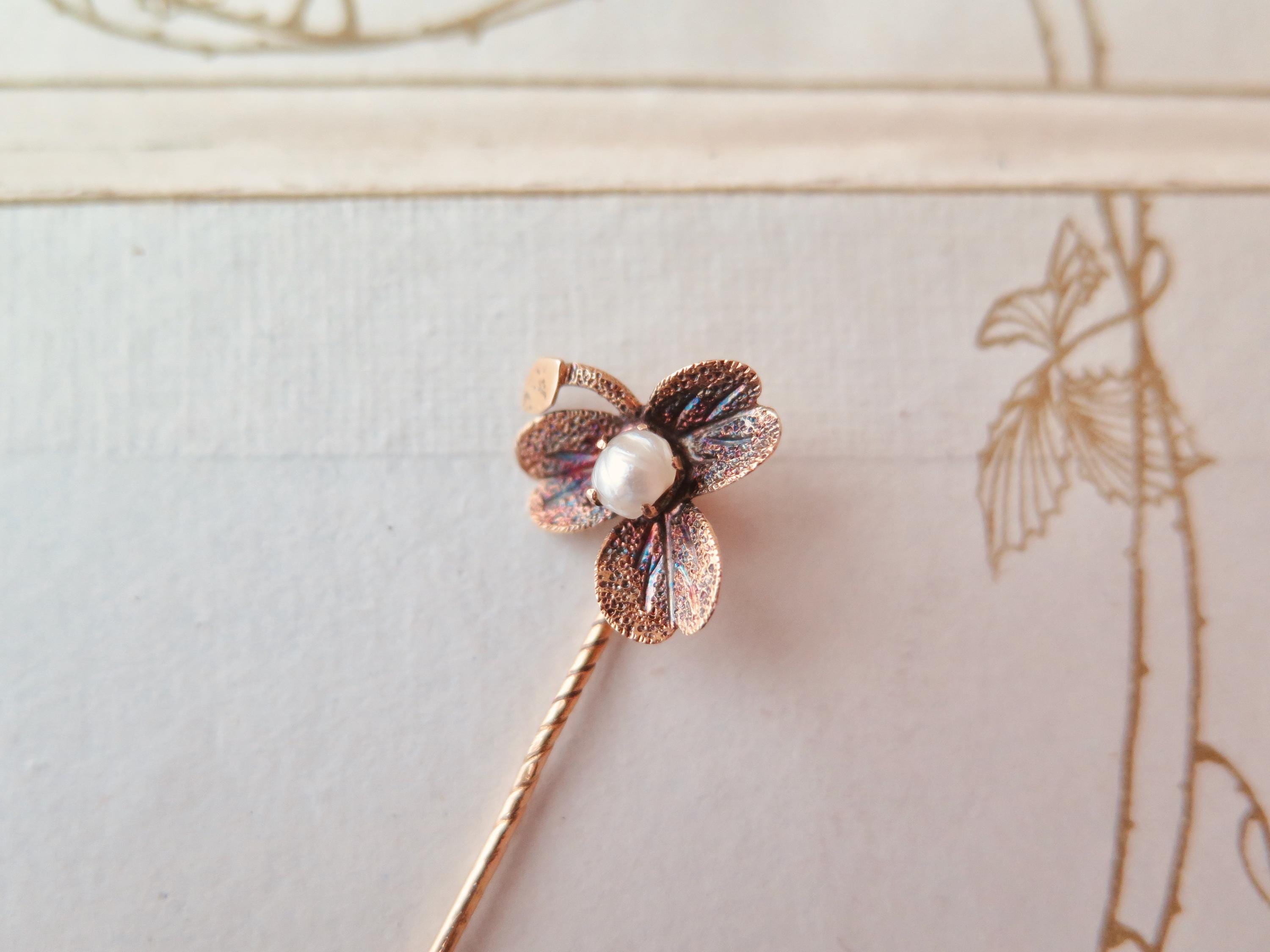 Antique Art Nouveau 14ct Gold Stick Pin, Natural Pearl Clover