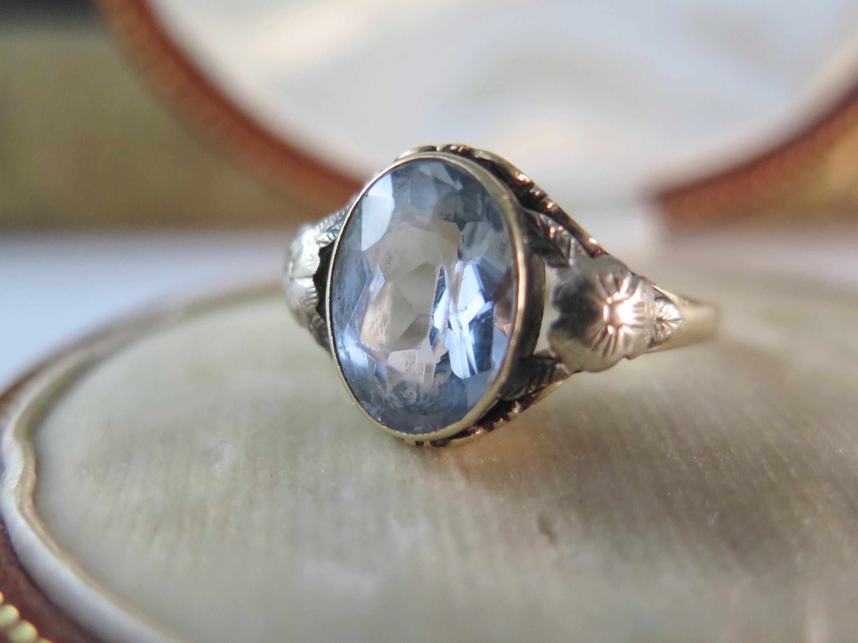 Antique French Art Nouveau Ring 14k Gold – Oval Blue Gemstone – Floral Shoulders