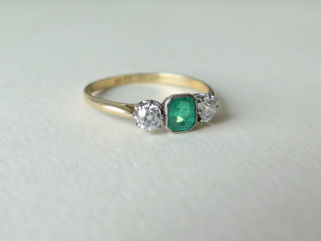 Antique Art Deco Emerald and Diamond Trilogy Ring, 18k Gold Platinum