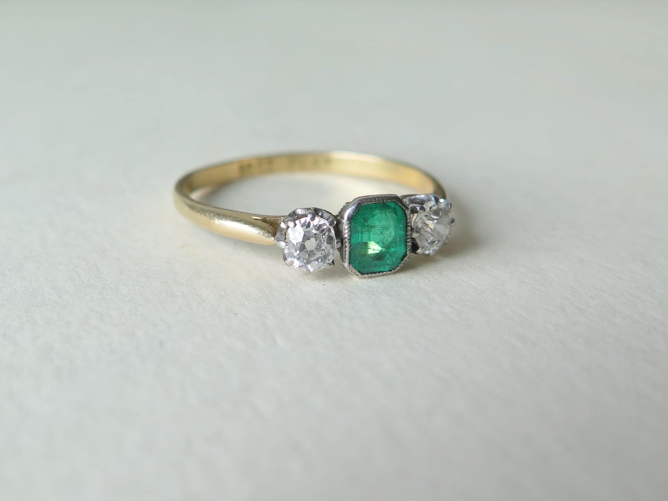 Antique Art Deco Emerald and Diamond Trilogy Ring, 18k Gold Platinum