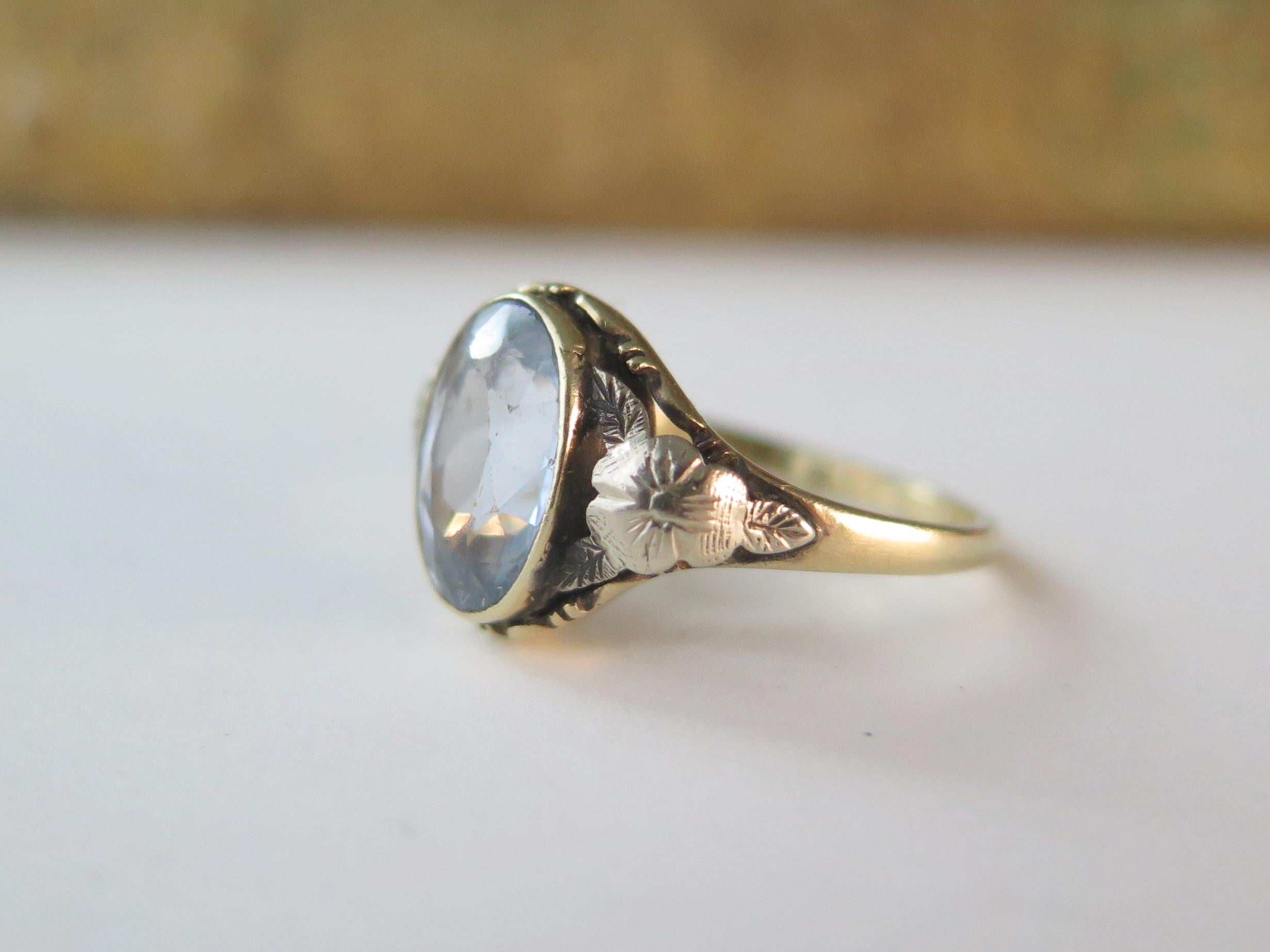 Antique French Art Nouveau Ring 14k Gold – Oval Blue Gemstone – Floral Shoulders