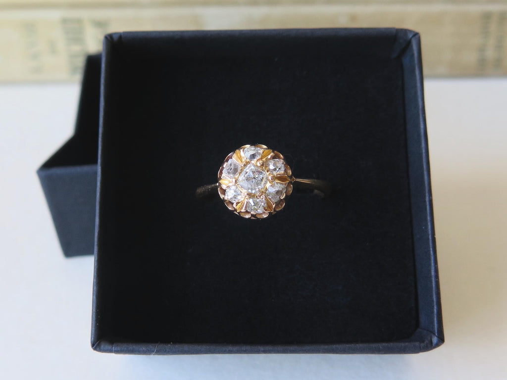 Belle Époque Diamond Cluster Ring: 18k Gold Peruzzi Cut, US Size 7.25