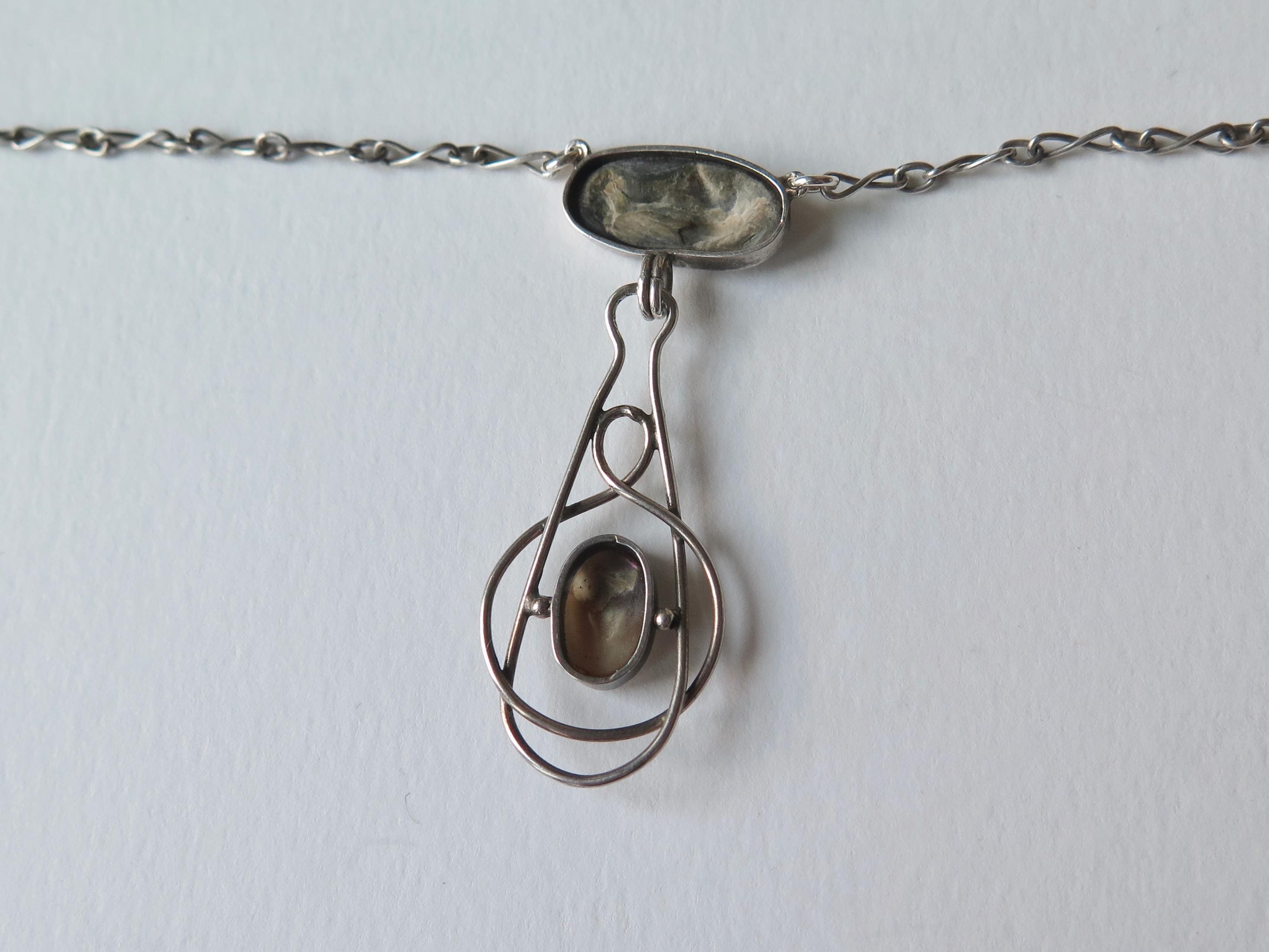 Antique Silver Mother-of-Pearl Pendant Necklace - Arts & Crafts c1900