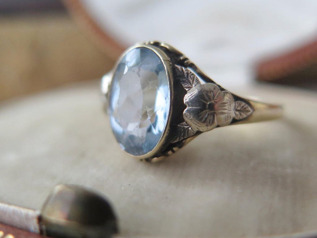 Antique French Art Nouveau Ring 14k Gold – Oval Blue Gemstone – Floral Shoulders