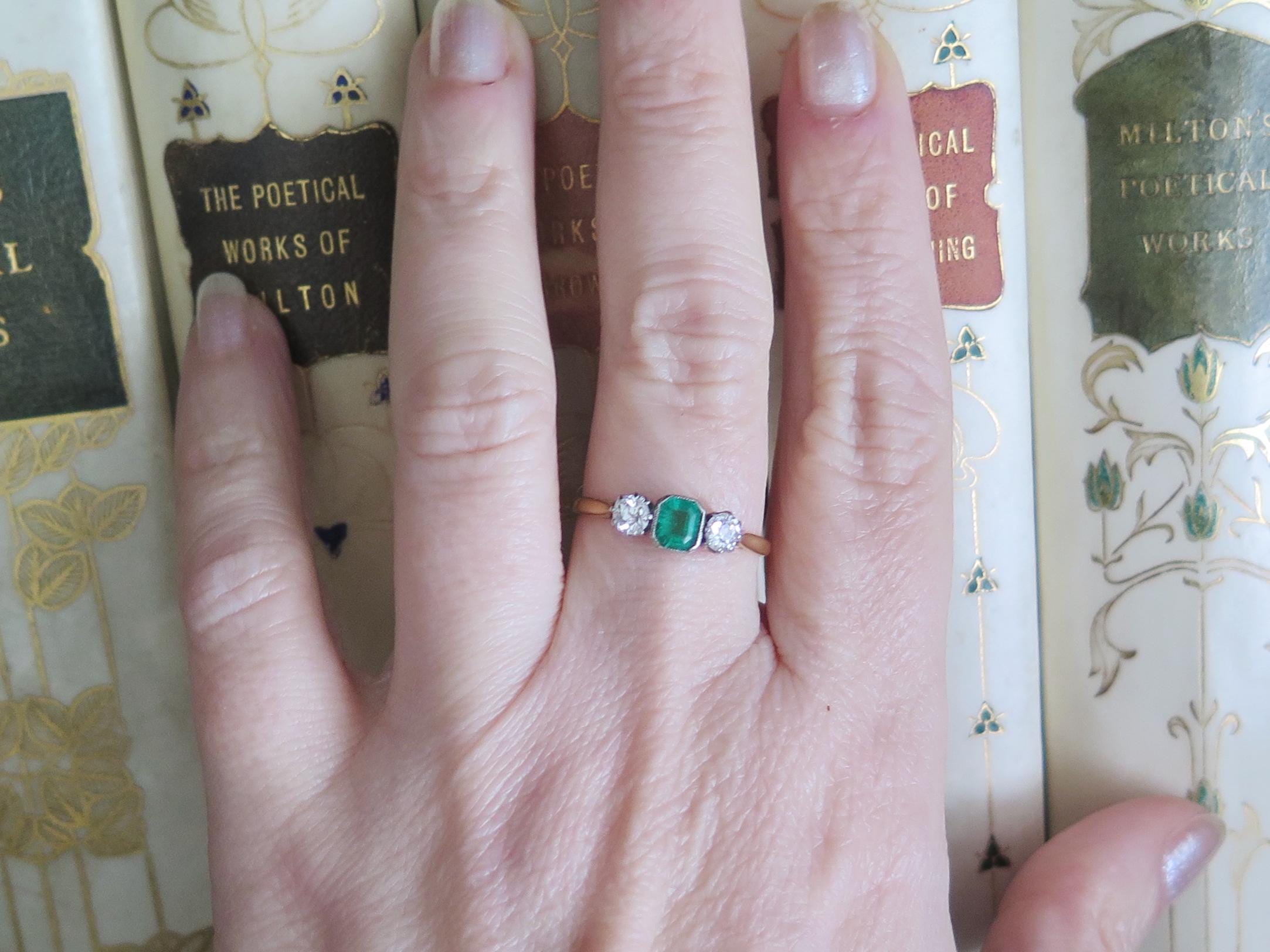 Antique Art Deco Emerald and Diamond Trilogy Ring, 18k Gold Platinum