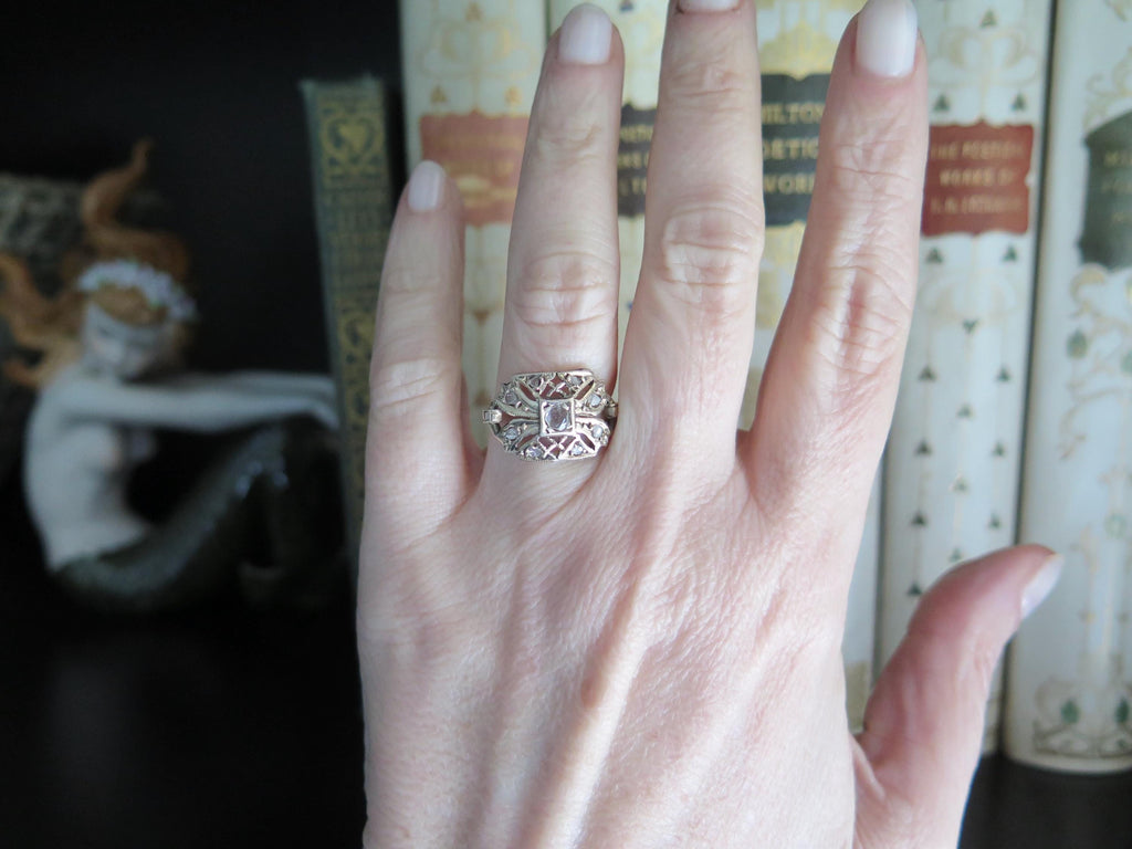 Antique 9k Gold Rose Cut Diamond Ring - Belle Epoque Filigree