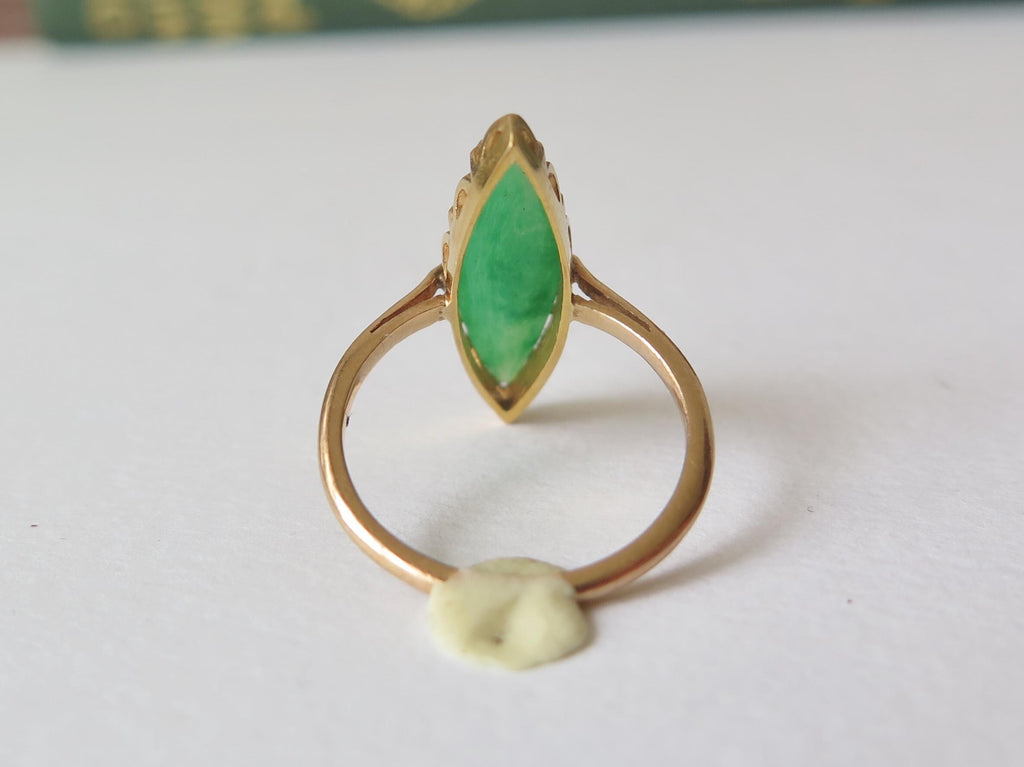 Edwardian 9k Gold Marquise Jade Ring - US Size 5.5