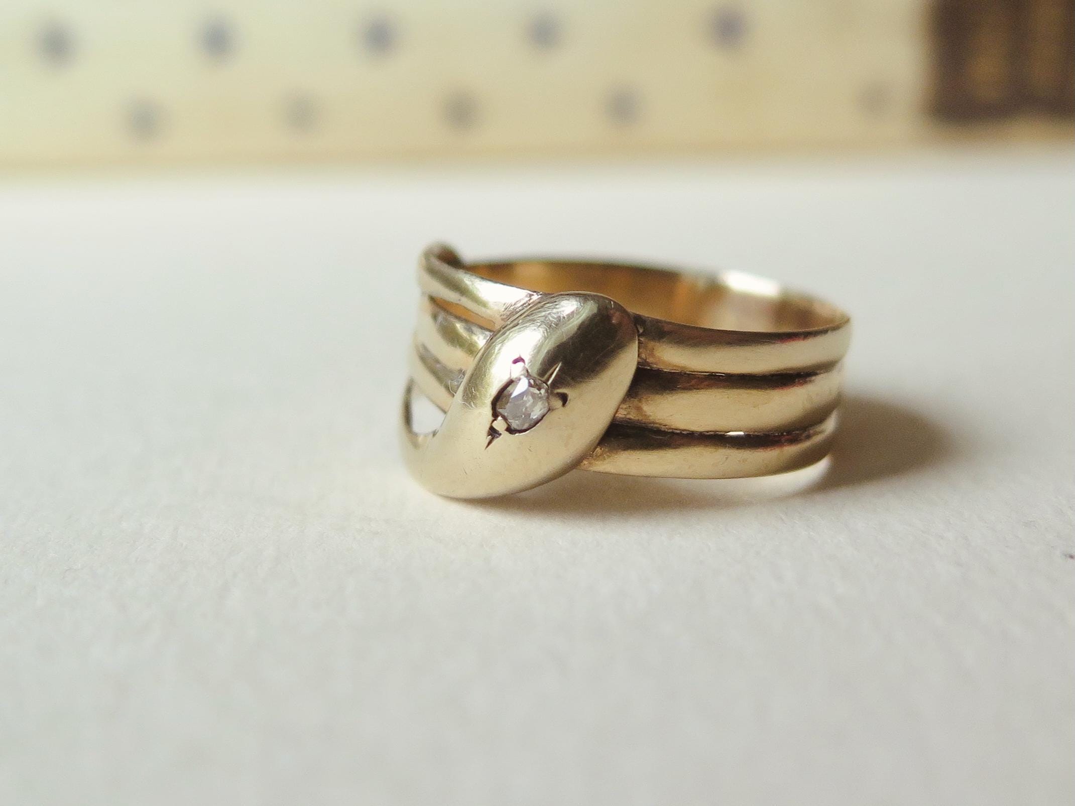 Antique 9k Gold Snake Ring: Victorian Peruzzi Diamond Serpent, Size 10.5