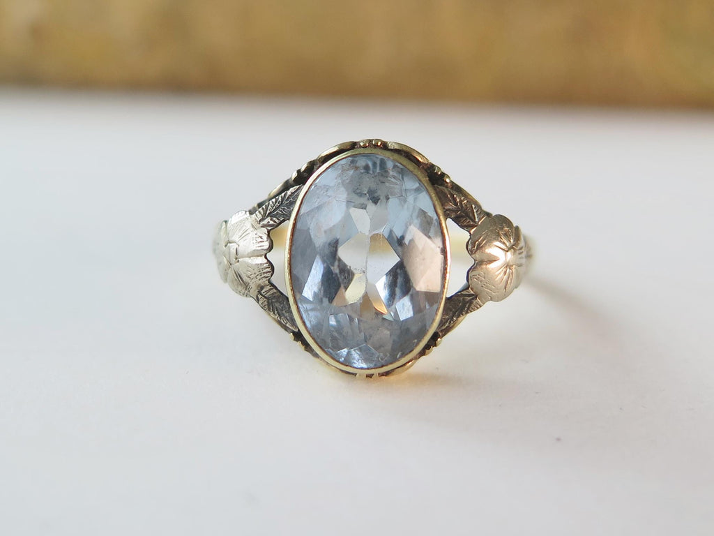 Antique French Art Nouveau Ring 14k Gold – Oval Blue Gemstone – Floral Shoulders