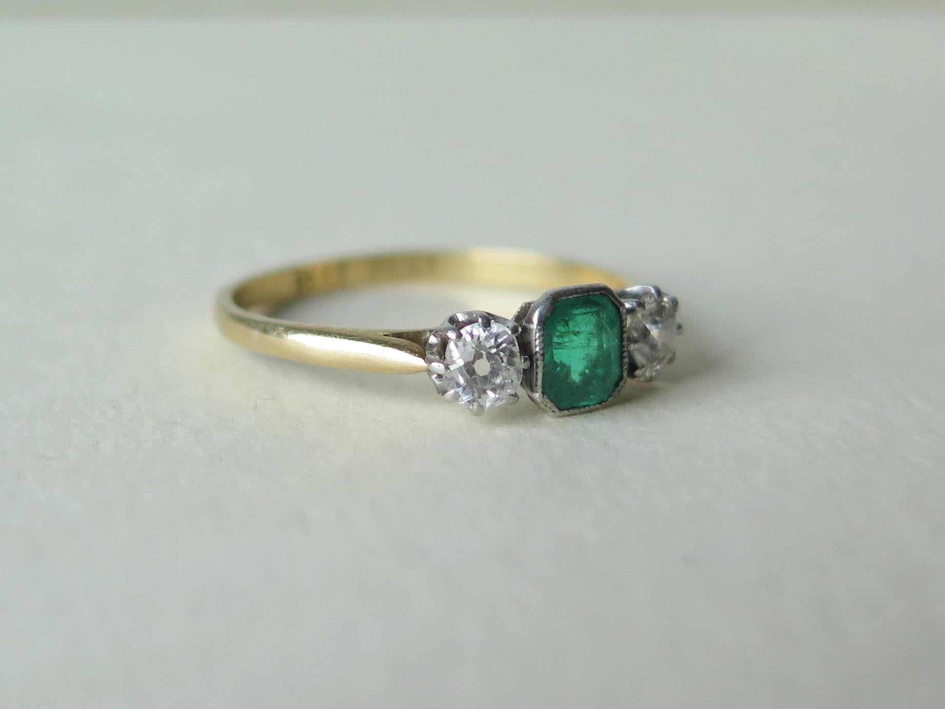 Antique Art Deco Emerald and Diamond Trilogy Ring, 18k Gold Platinum
