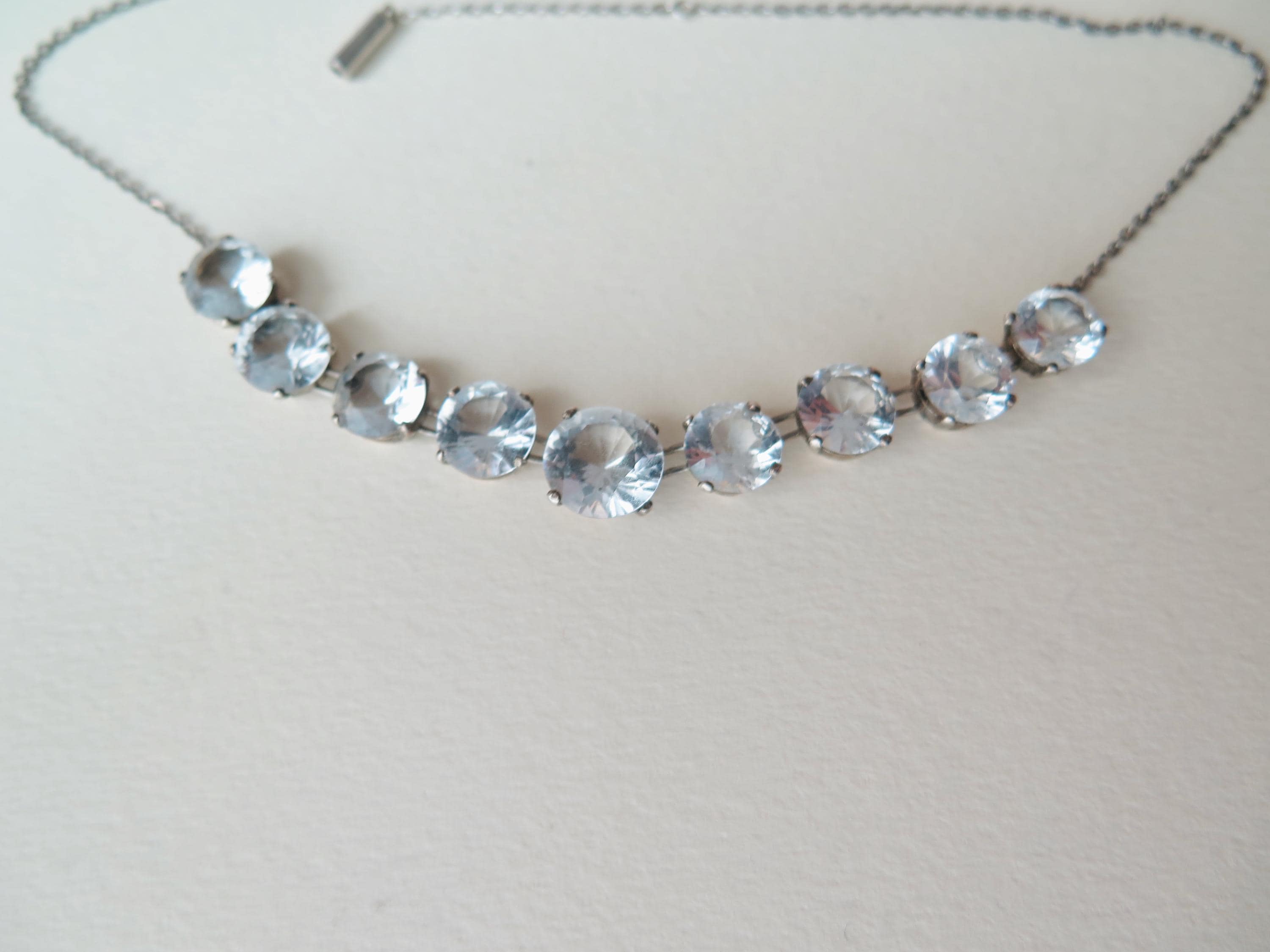Antique Art Deco Silver Riviere Choker Necklace with Clear White Stones
