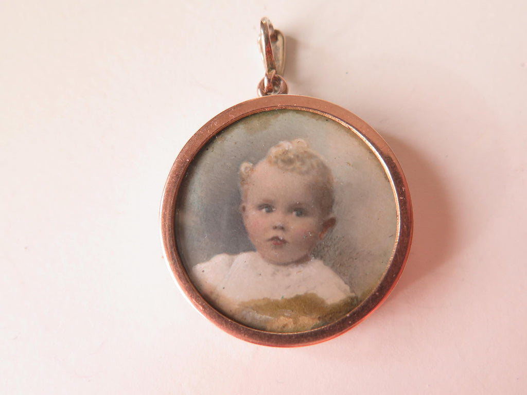 Antique Edwardian 9k Gold Double-Glass Locket with Grey Seed Pearls, Hand Coloured Portrait Miniatures