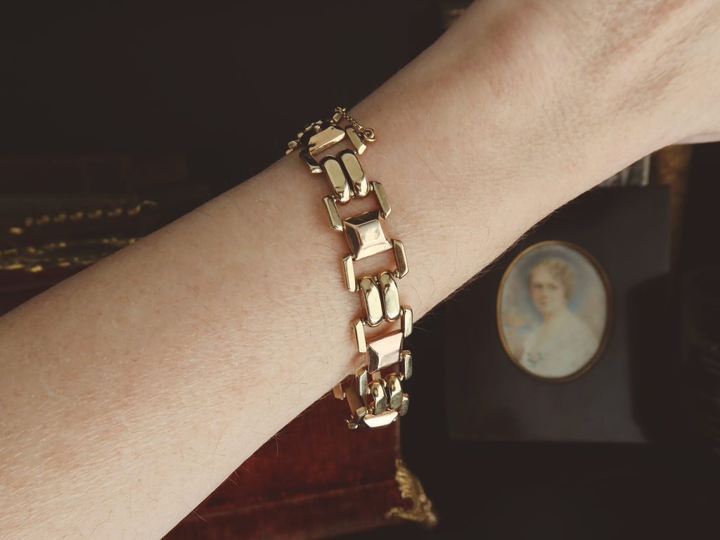 Vintage 14k Gold Tank Bracelet, Yellow and Rose Gold, Chunky Geometric Links, 1940s Style