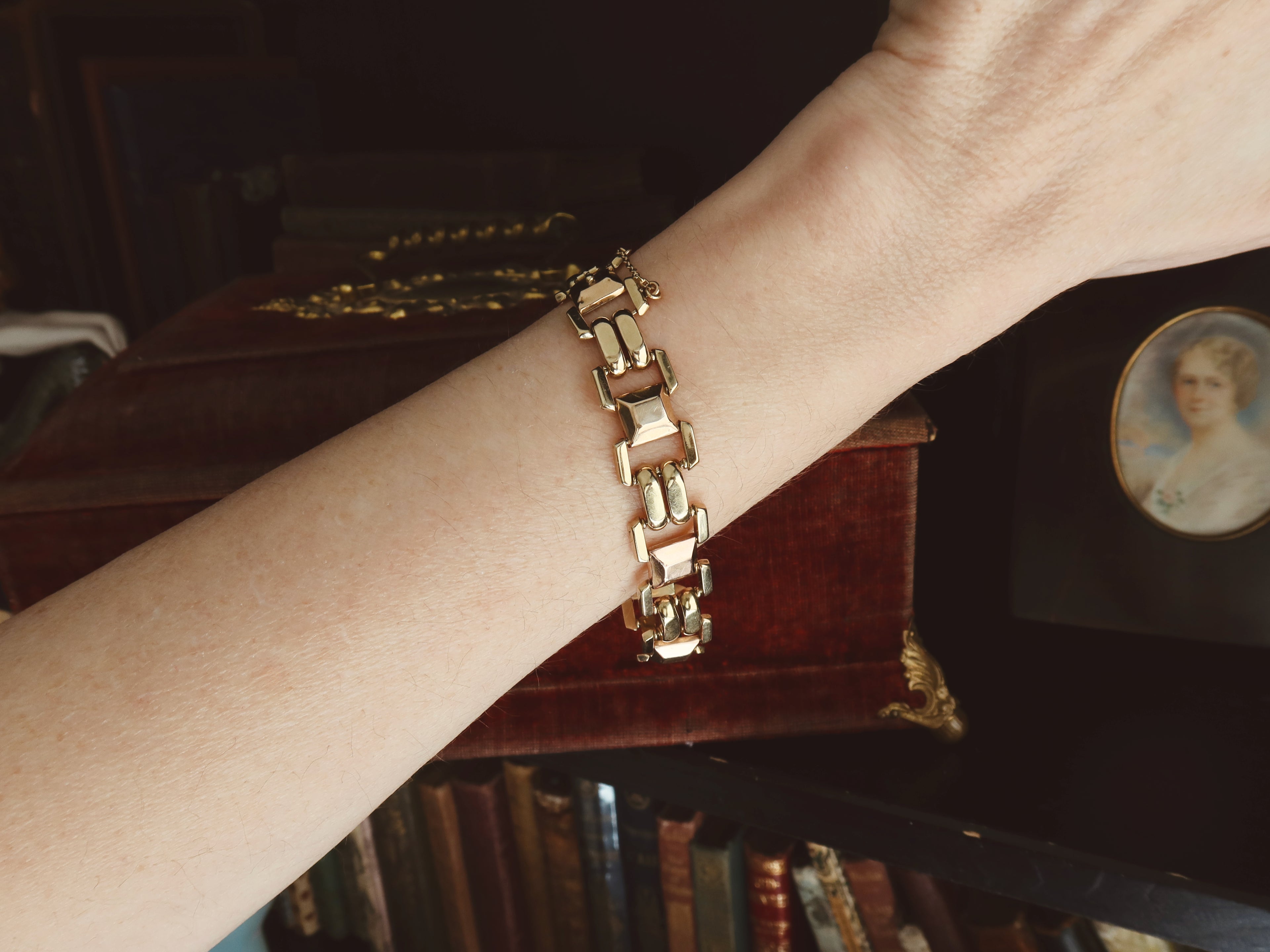 Vintage 14k Gold Tank Bracelet, Yellow and Rose Gold, Chunky Geometric Links, 1940s Style