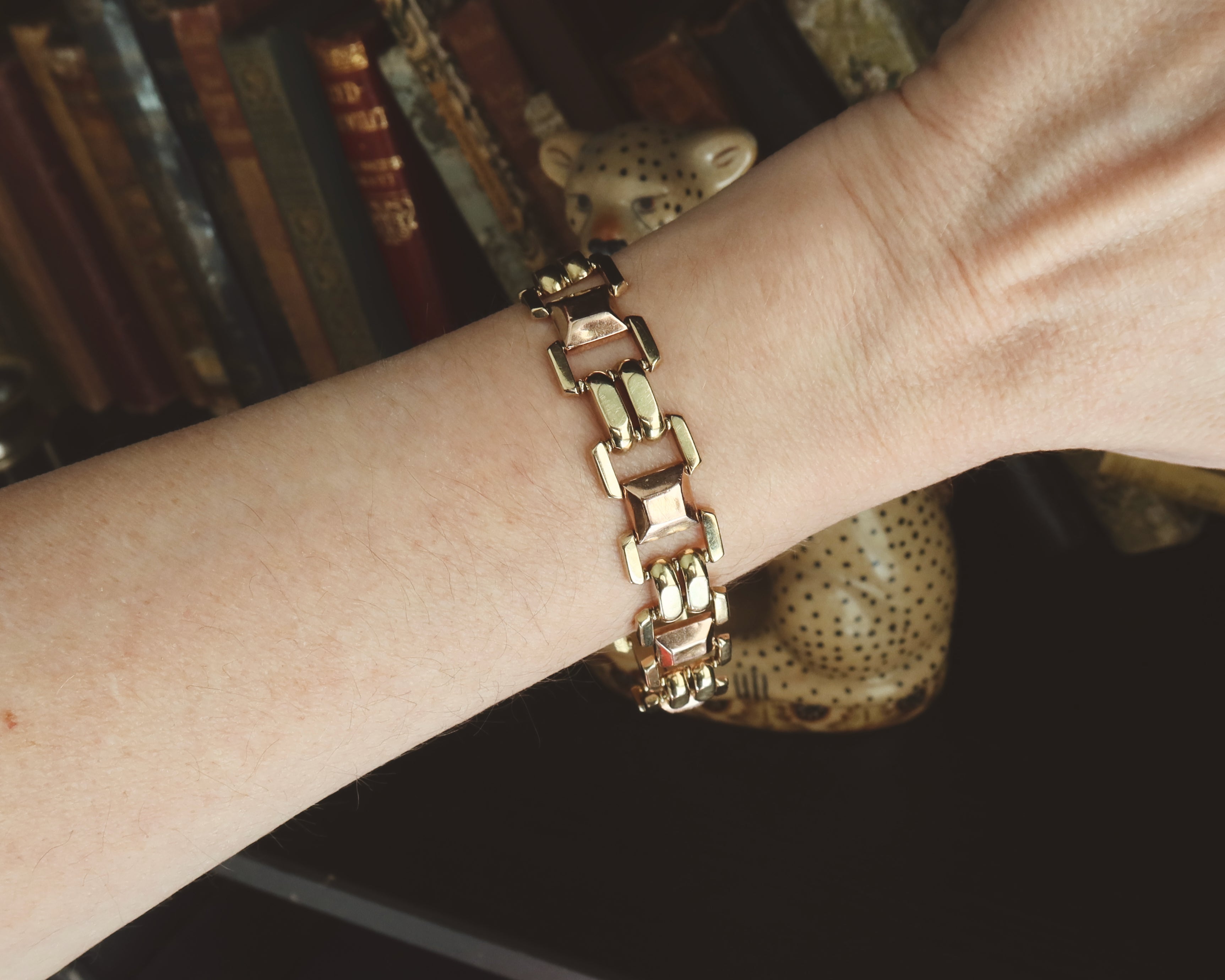 Vintage 14k Gold Tank Bracelet, Yellow and Rose Gold, Chunky Geometric Links, 1940s Style