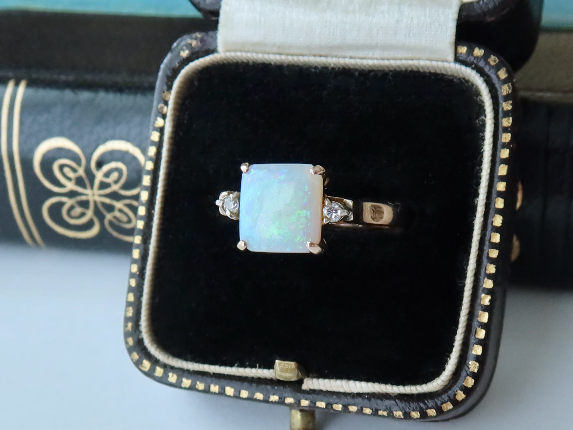 Edwardian Opal and Diamonds Ring, 14k