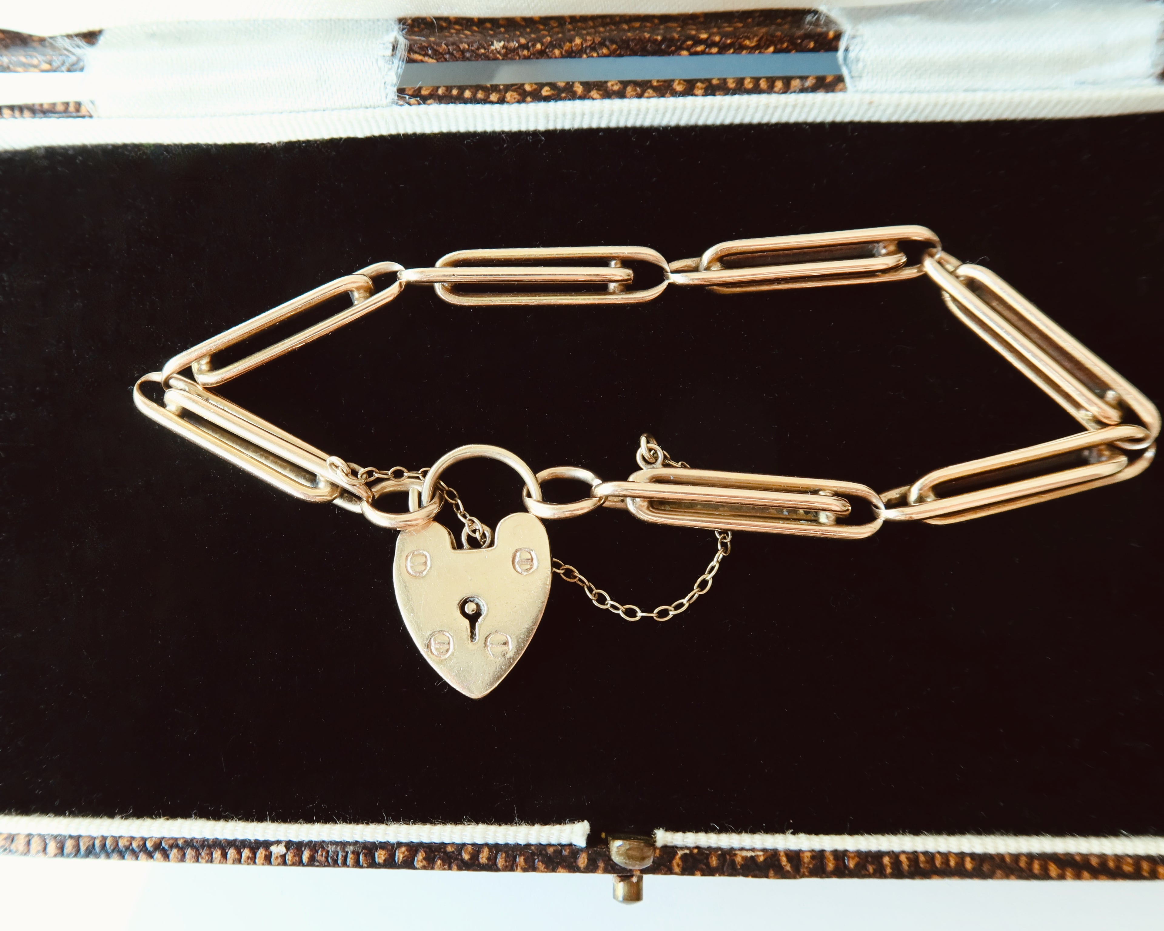 Antique Victorian 9k Gold Trombone Link Bracelet with Heart Padlock Clasp