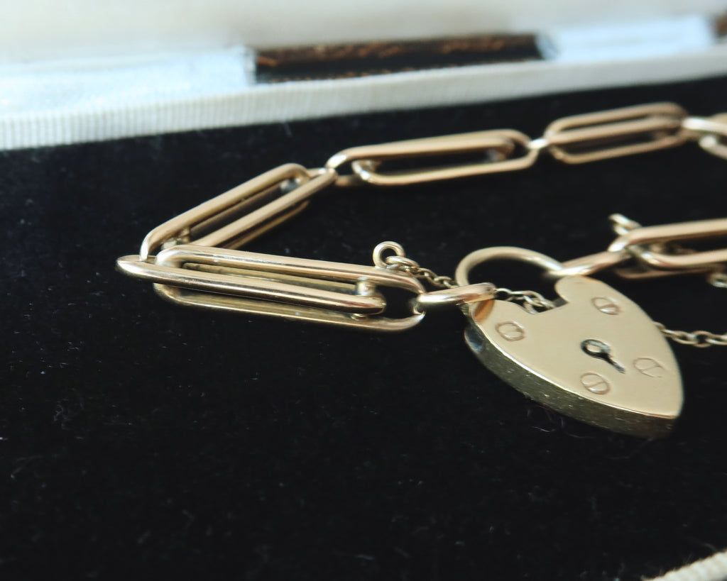 Antique Victorian 9k Gold Trombone Link Bracelet with Heart Padlock Clasp