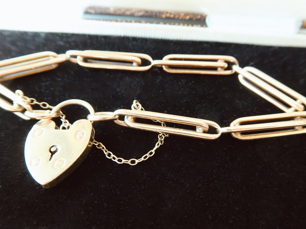 Antique Victorian 9k Gold Trombone Link Bracelet with Heart Padlock Clasp