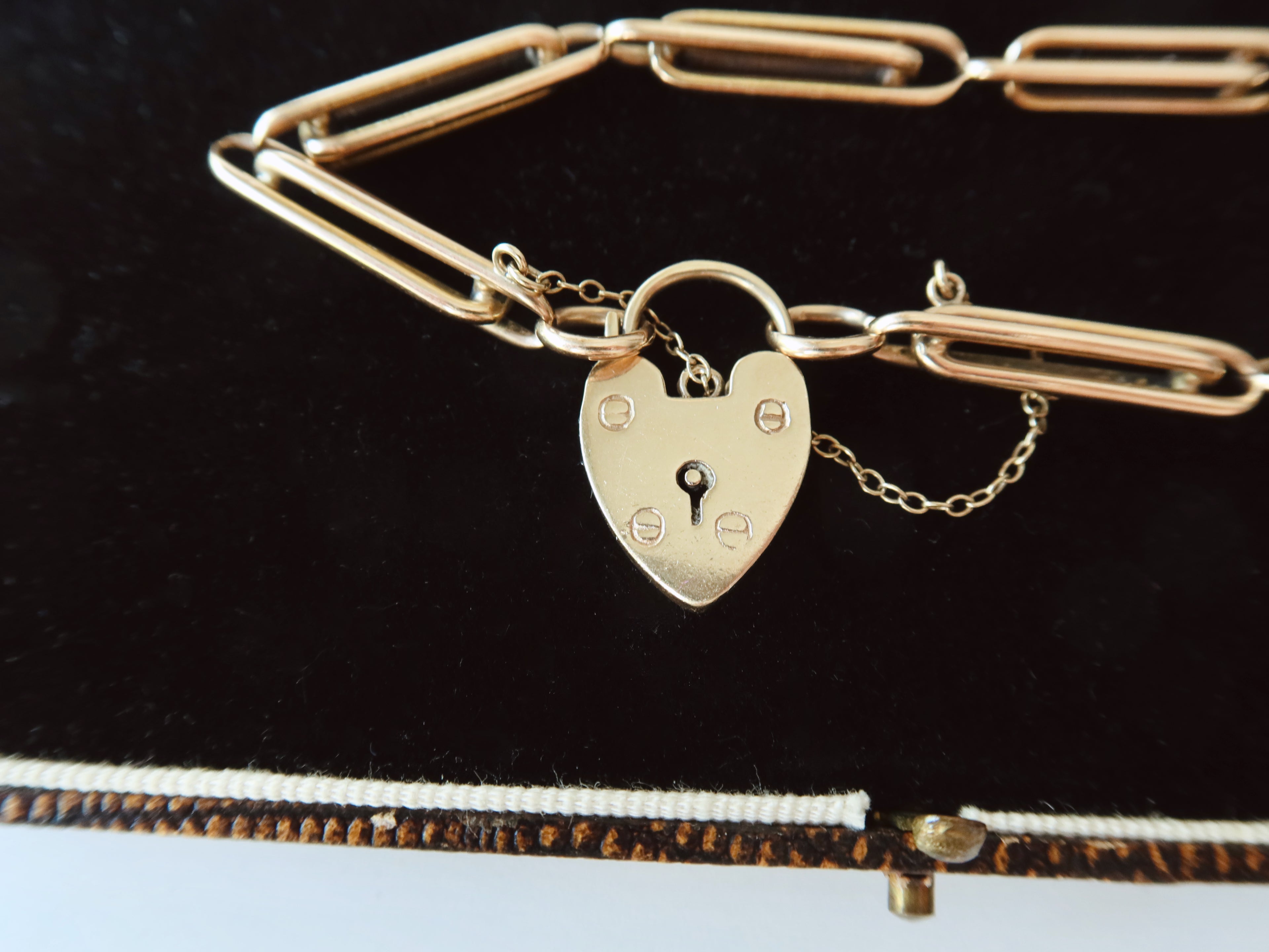 Antique Victorian 9k Gold Trombone Link Bracelet with Heart Padlock Clasp