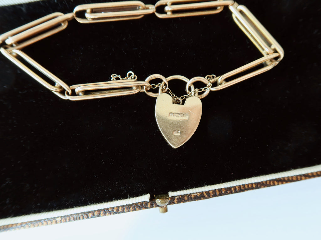 Antique Victorian 9k Gold Trombone Link Bracelet with Heart Padlock Clasp