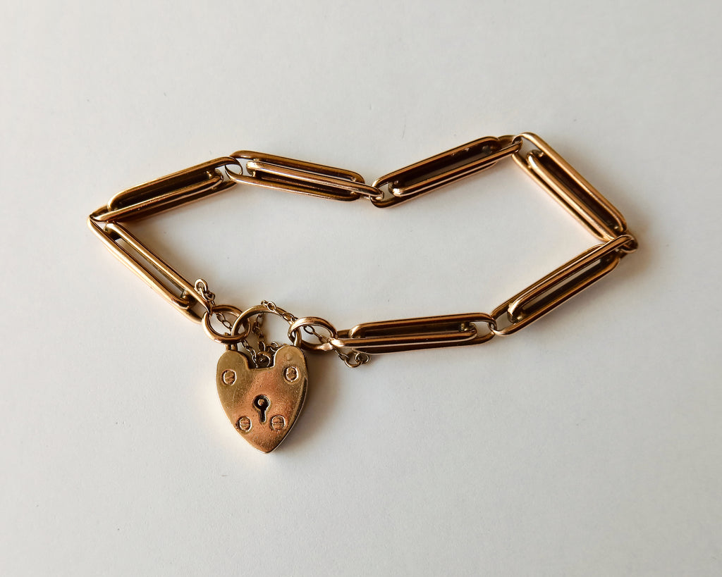Antique Victorian 9k Gold Trombone Link Bracelet with Heart Padlock Clasp