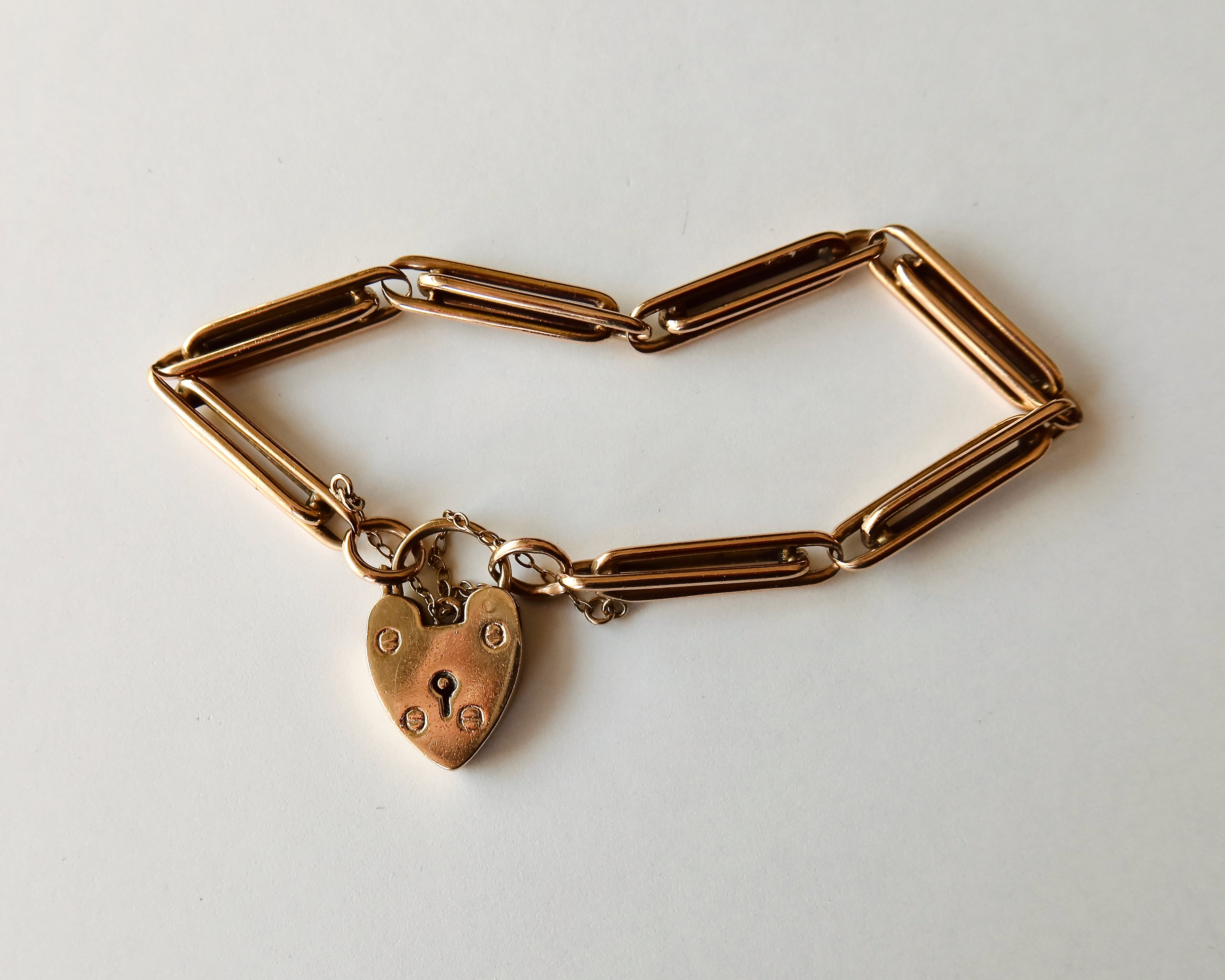 Antique Victorian 9k Gold Trombone Link Bracelet with Heart Padlock Clasp