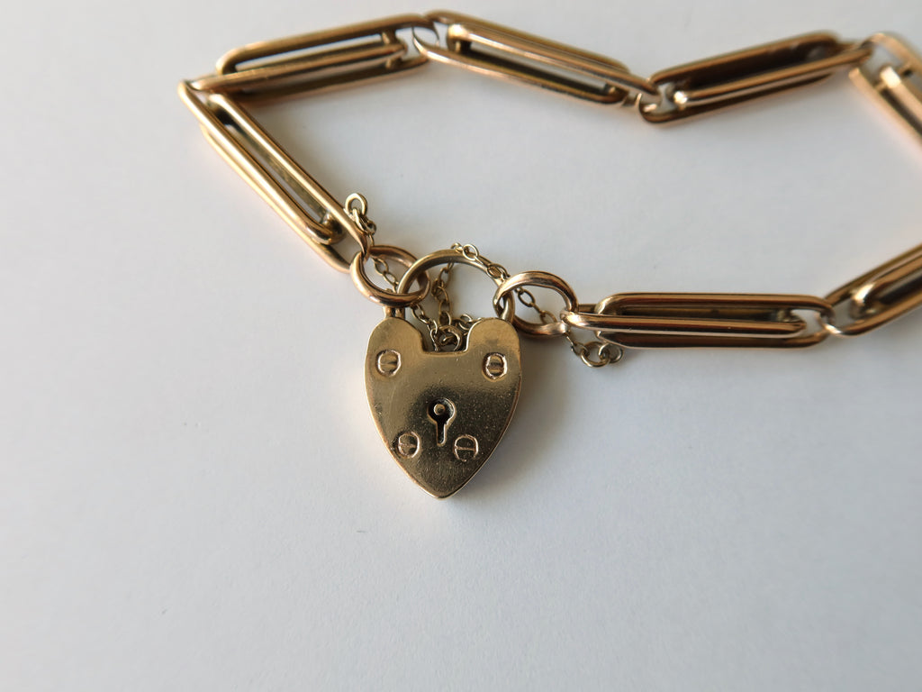 Antique Victorian 9k Gold Trombone Link Bracelet with Heart Padlock Clasp