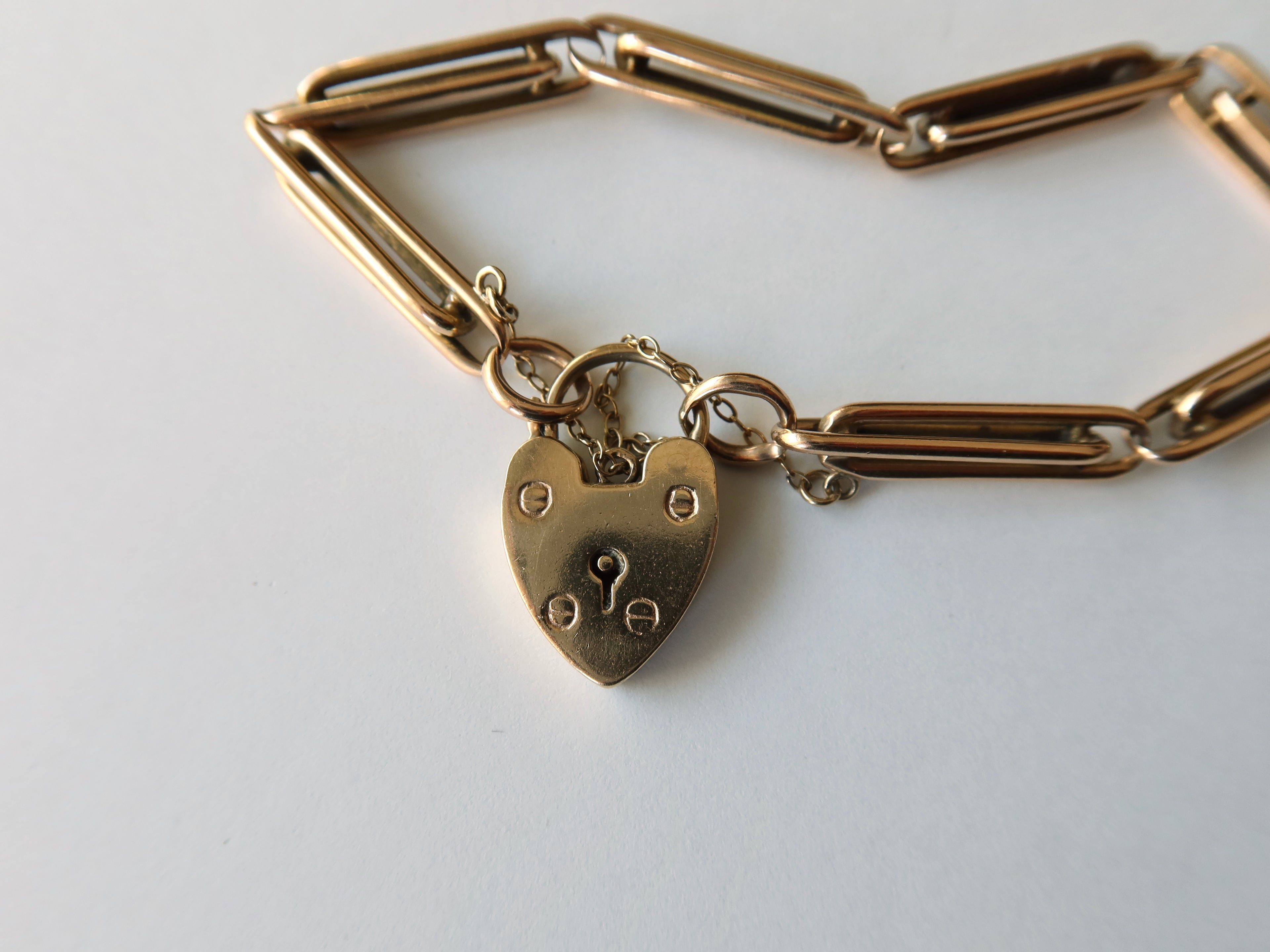 Antique Victorian 9k Gold Trombone Link Bracelet with Heart Padlock Clasp