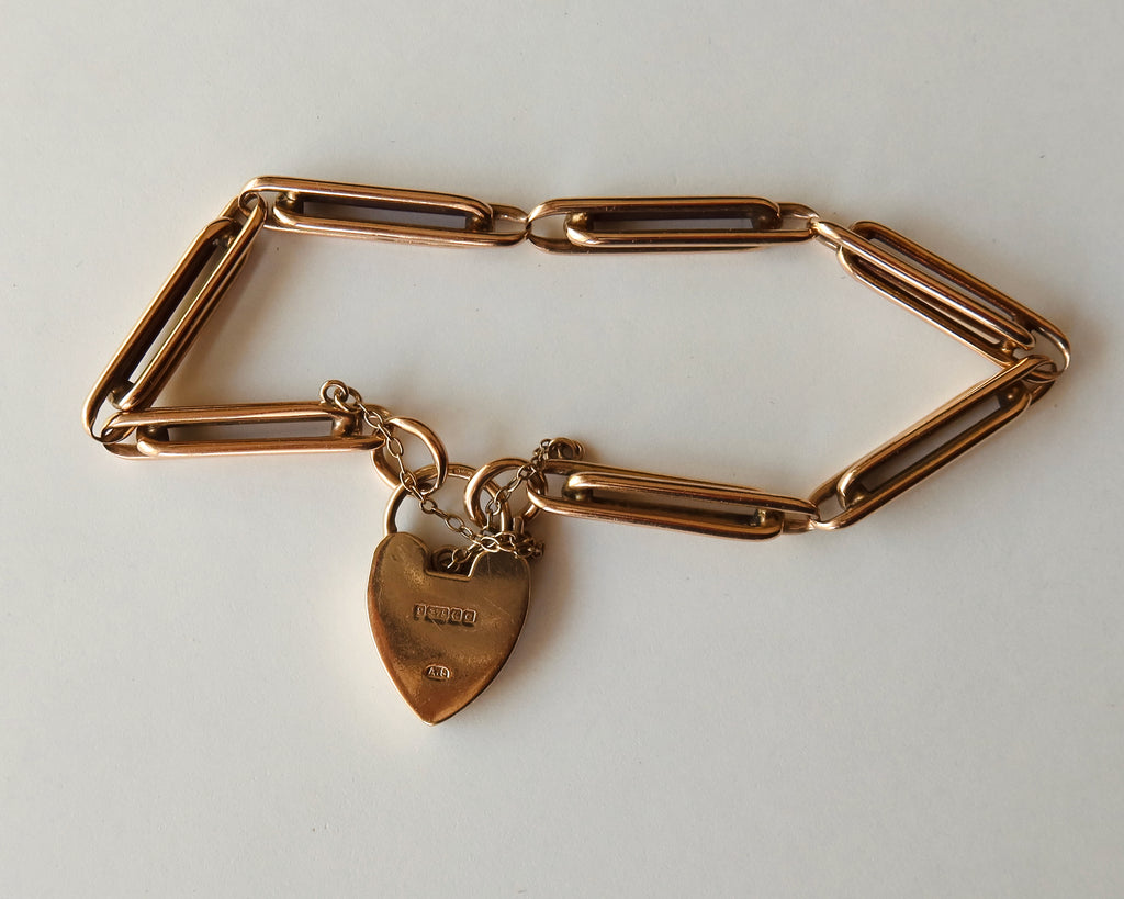 Antique Victorian 9k Gold Trombone Link Bracelet with Heart Padlock Clasp