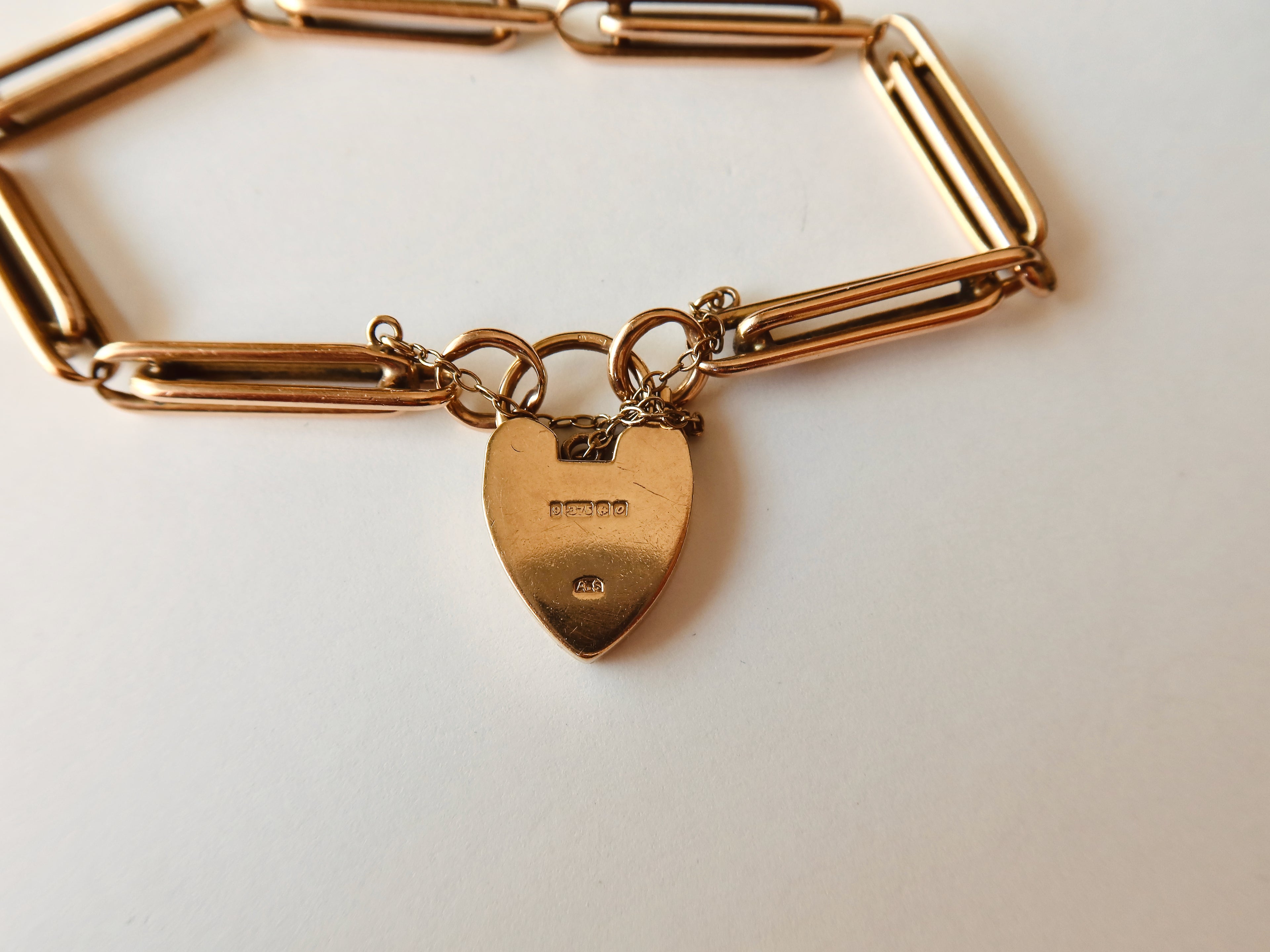 Antique Victorian 9k Gold Trombone Link Bracelet with Heart Padlock Clasp