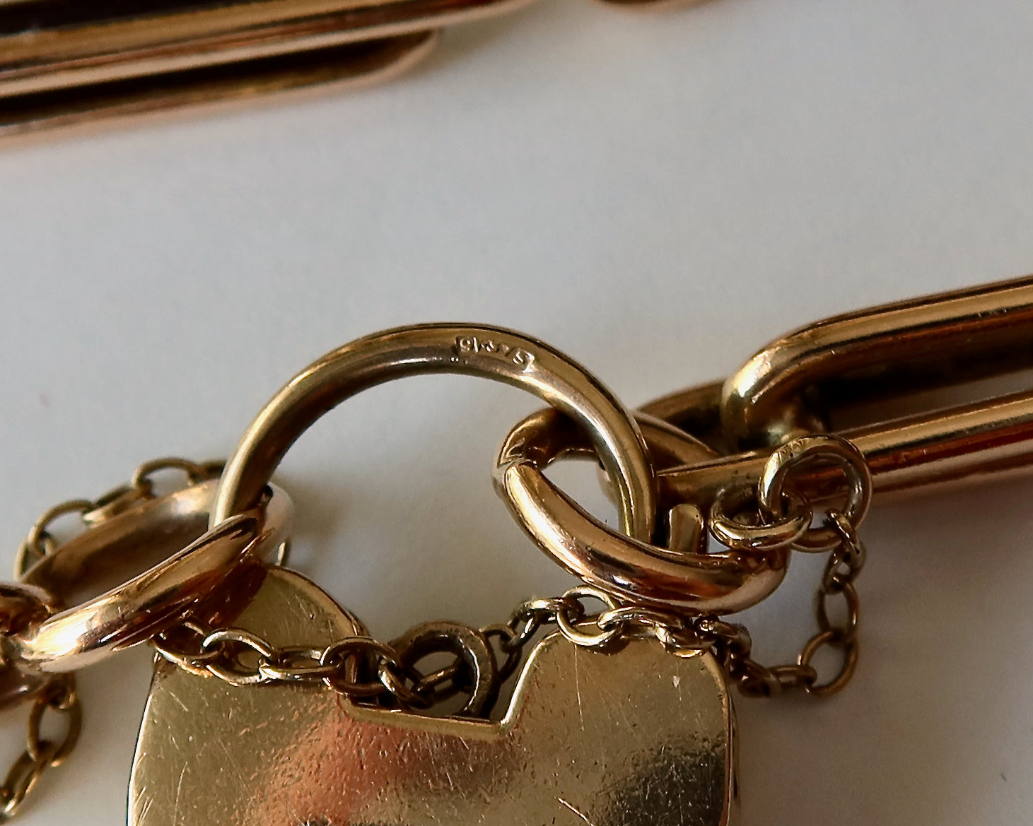 Antique Victorian 9k Gold Trombone Link Bracelet with Heart Padlock Clasp