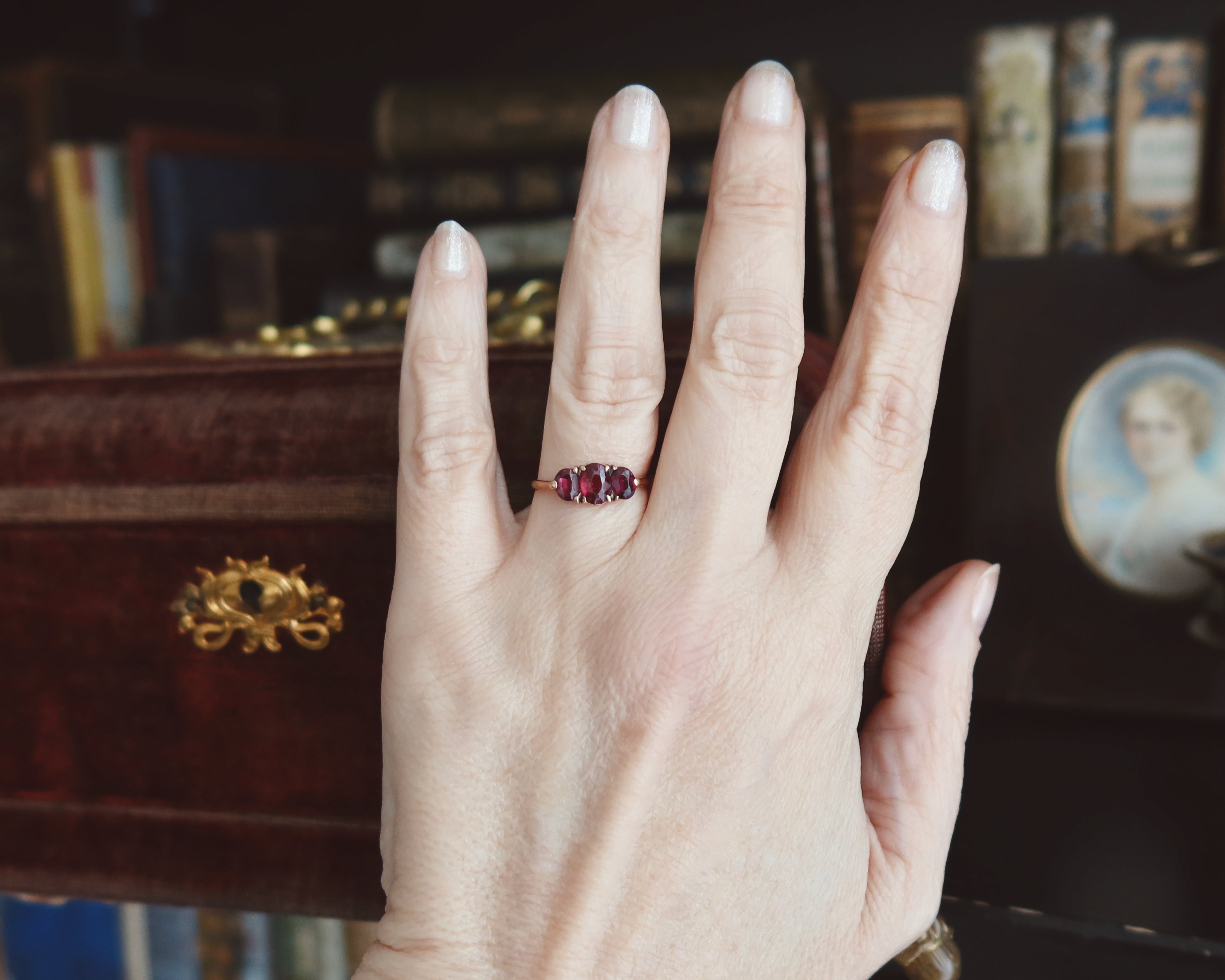 Victorian Garnet Trilogy Ring, 9k Rose Gold