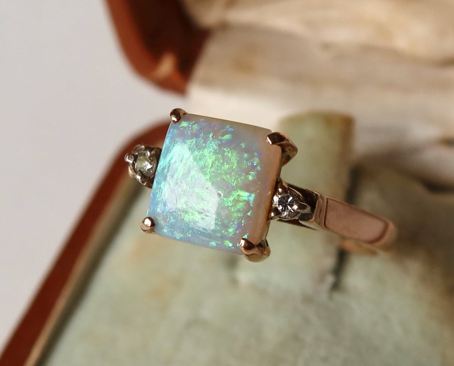 Edwardian Opal and Diamonds Ring, 14k