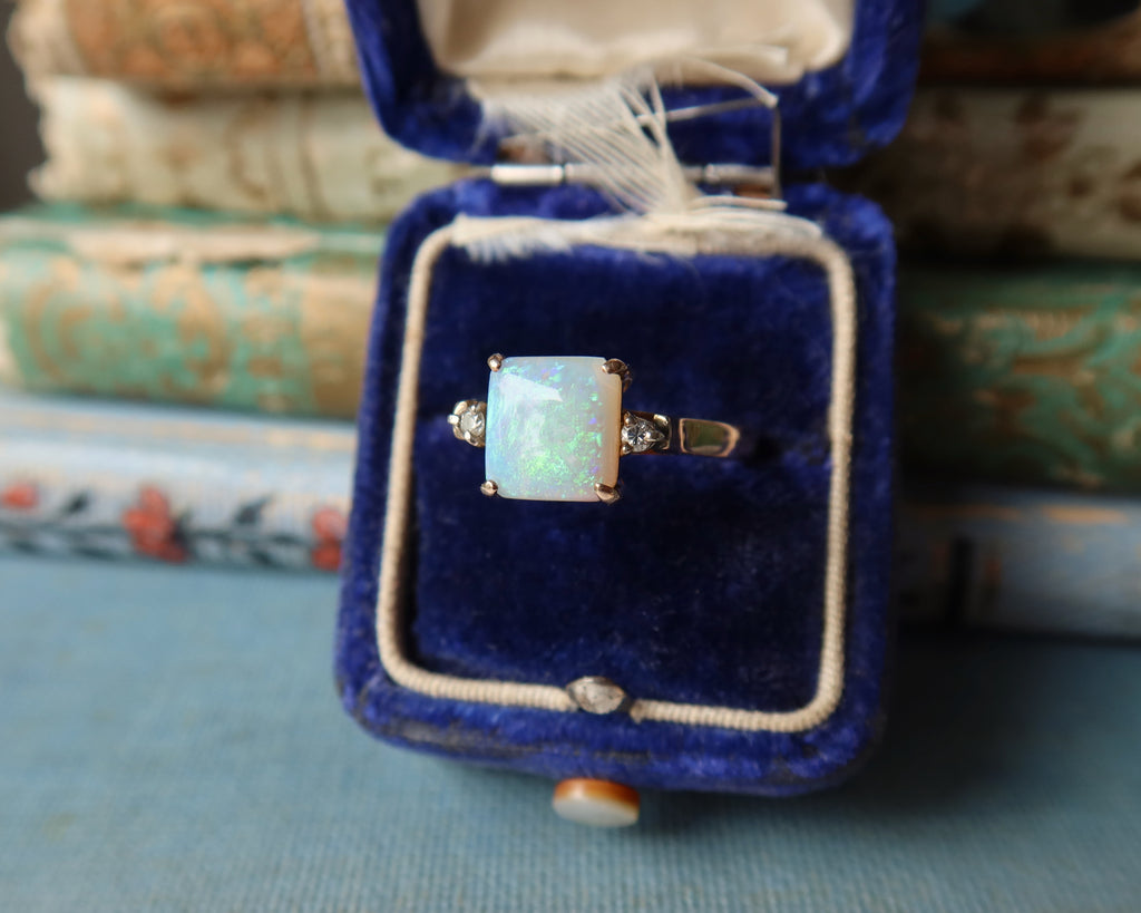 Edwardian Opal and Diamonds Ring, 14k