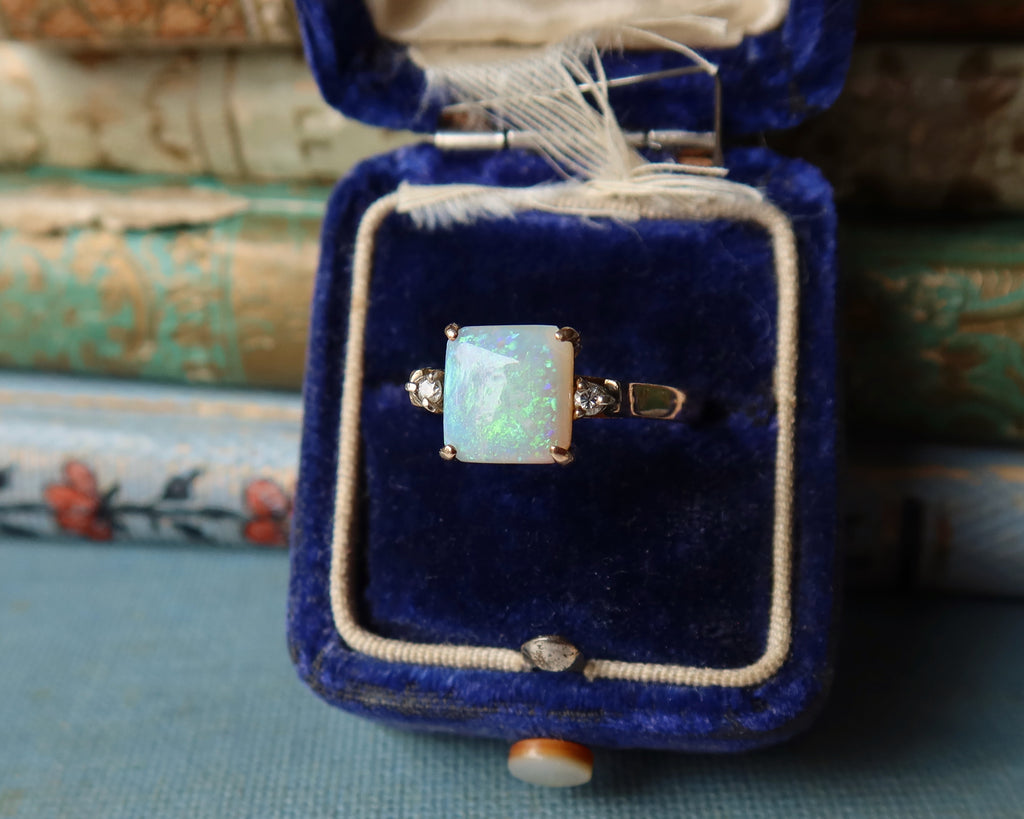 Edwardian Opal and Diamonds Ring, 14k