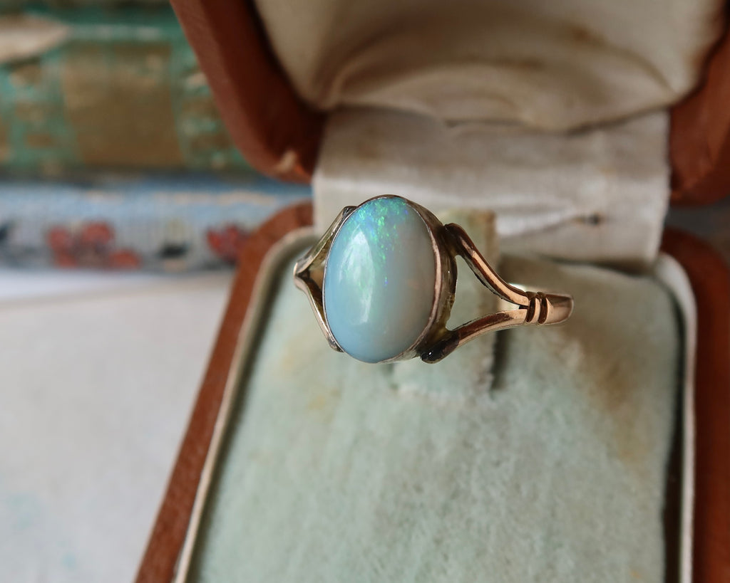 Antique Edwardian 9k Gold Natural Opal Ring, Oval Cabochon Opal