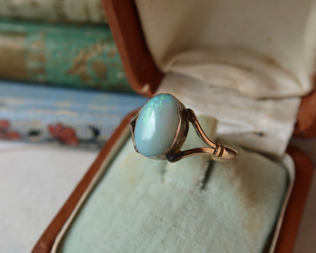 Antique Edwardian 9k Gold Natural Opal Ring, Oval Cabochon Opal