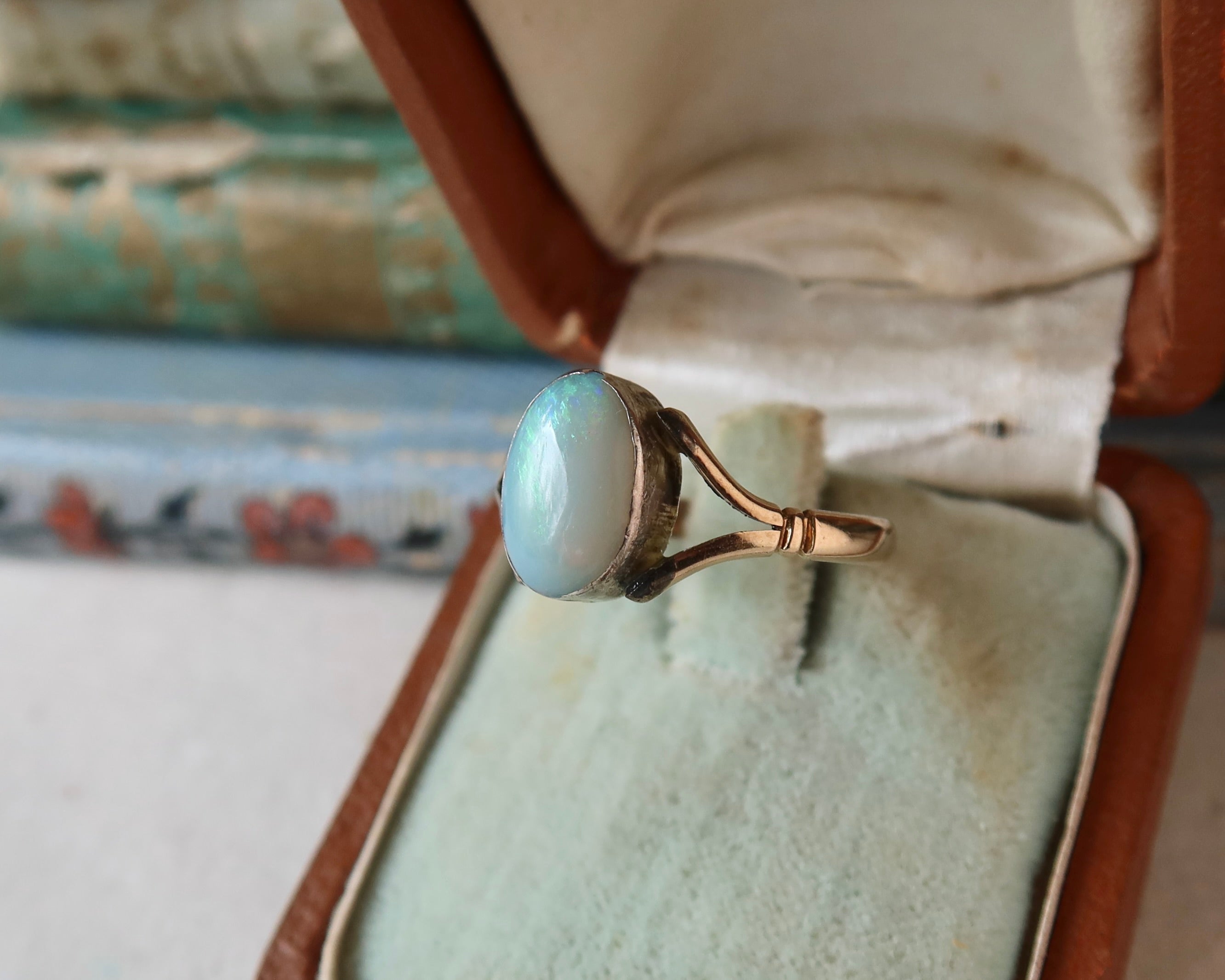 Antique Edwardian 9k Gold Natural Opal Ring, Oval Cabochon Opal