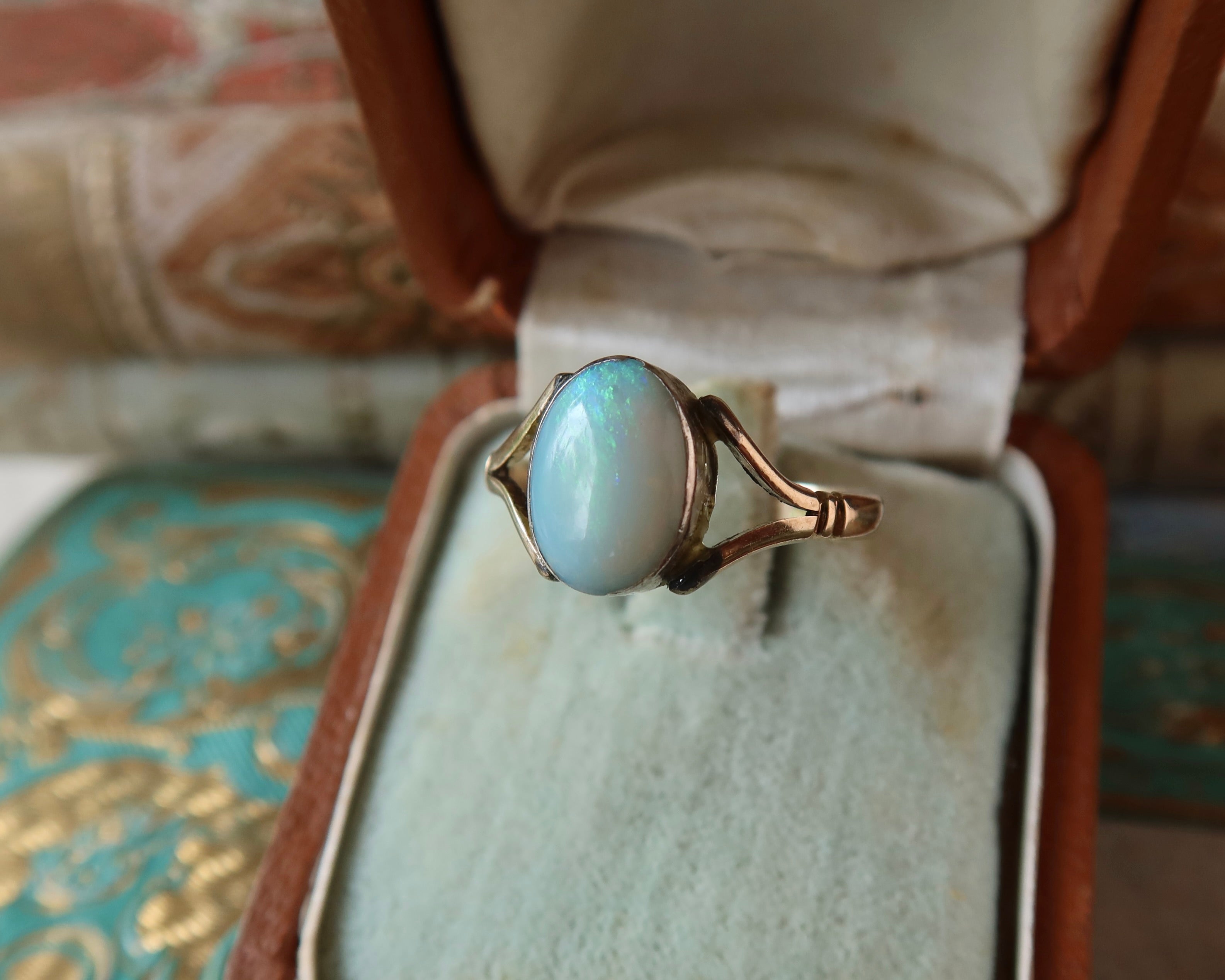 Antique Edwardian 9k Gold Natural Opal Ring, Oval Cabochon Opal