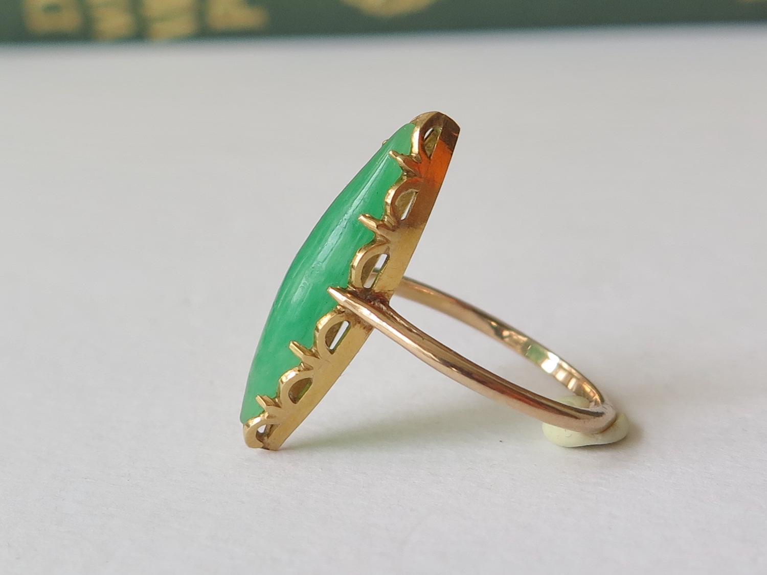 Edwardian 9k Gold Marquise Jade Ring - US Size 5.5